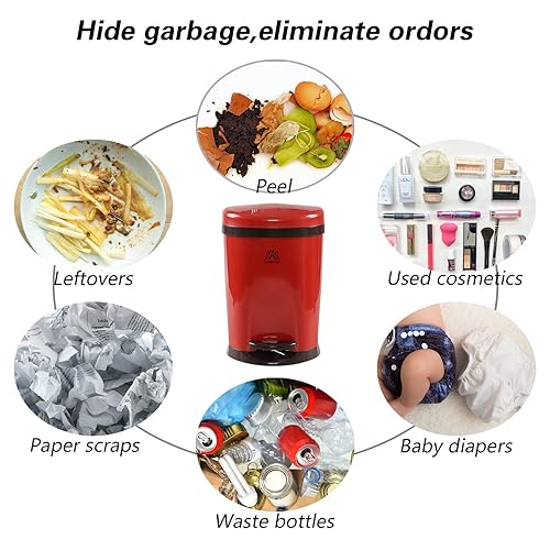 Miniatura 5 de Ggbin Cubo de basura de plástico de 7 litros con pedal de pie, 1 paquete de basura rojo redondo