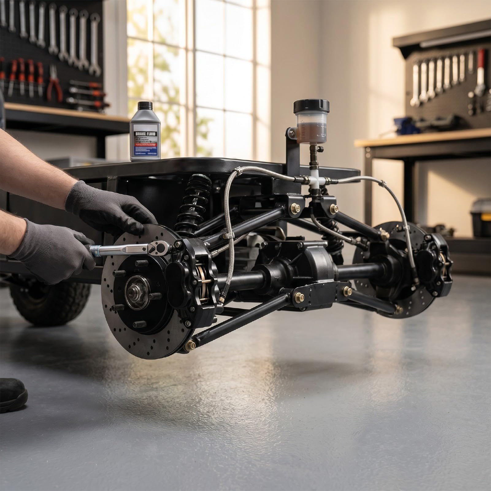 Luocute Zestaw Tylnych Hydraulicznych Zacisków Hamulcowych z Podwójnymi Tarczami z Klockami Hamulcowymi Głównego Cylindra Wirniki do 150 250 ATV UTV Go Kart Quad Dirt Bike, Hydrauliczny