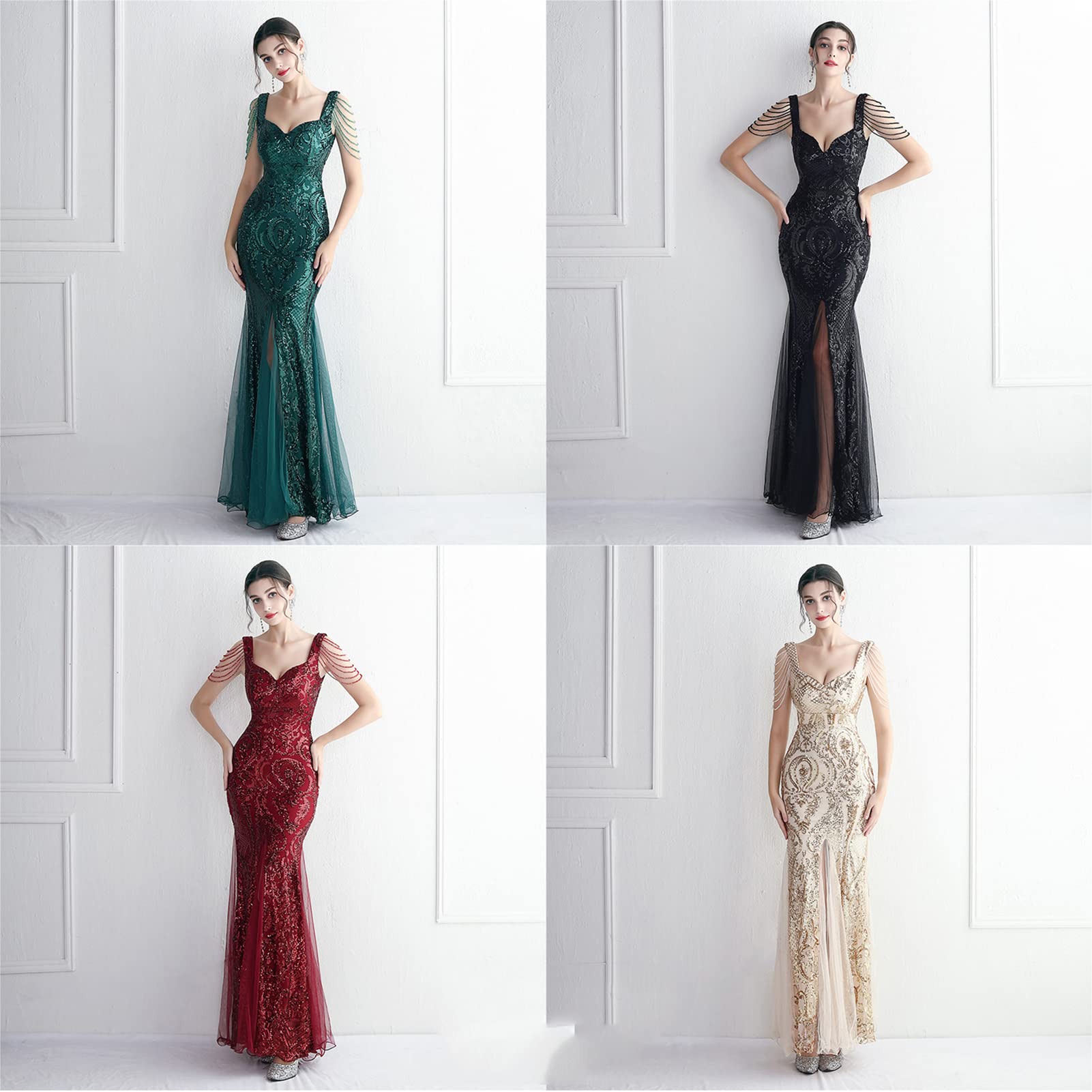 Damen Glänzend Abendkleider Maxikleid Elgant V-Ausschnitt Meerjungfrau Cocktailkleid Cabrio Wickelkleid Festlich Kleid