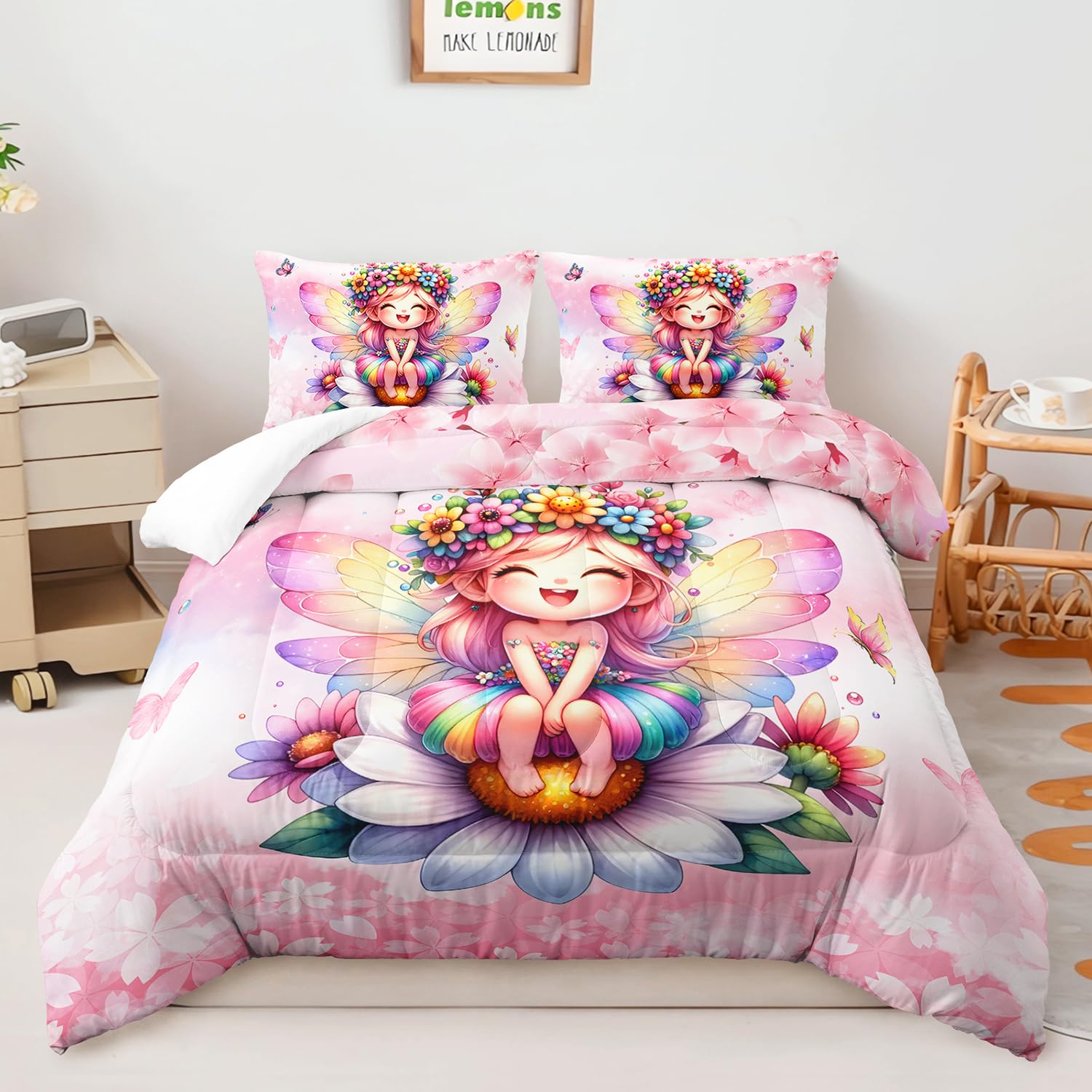 AILONEN Fairy Girls Comforter Set Twin Size,Rainbow Butterfly Pink Flower Kids Bedding Set,Soft Colorful Comforter with 2 Pillowcases,3 Pieces Cherry