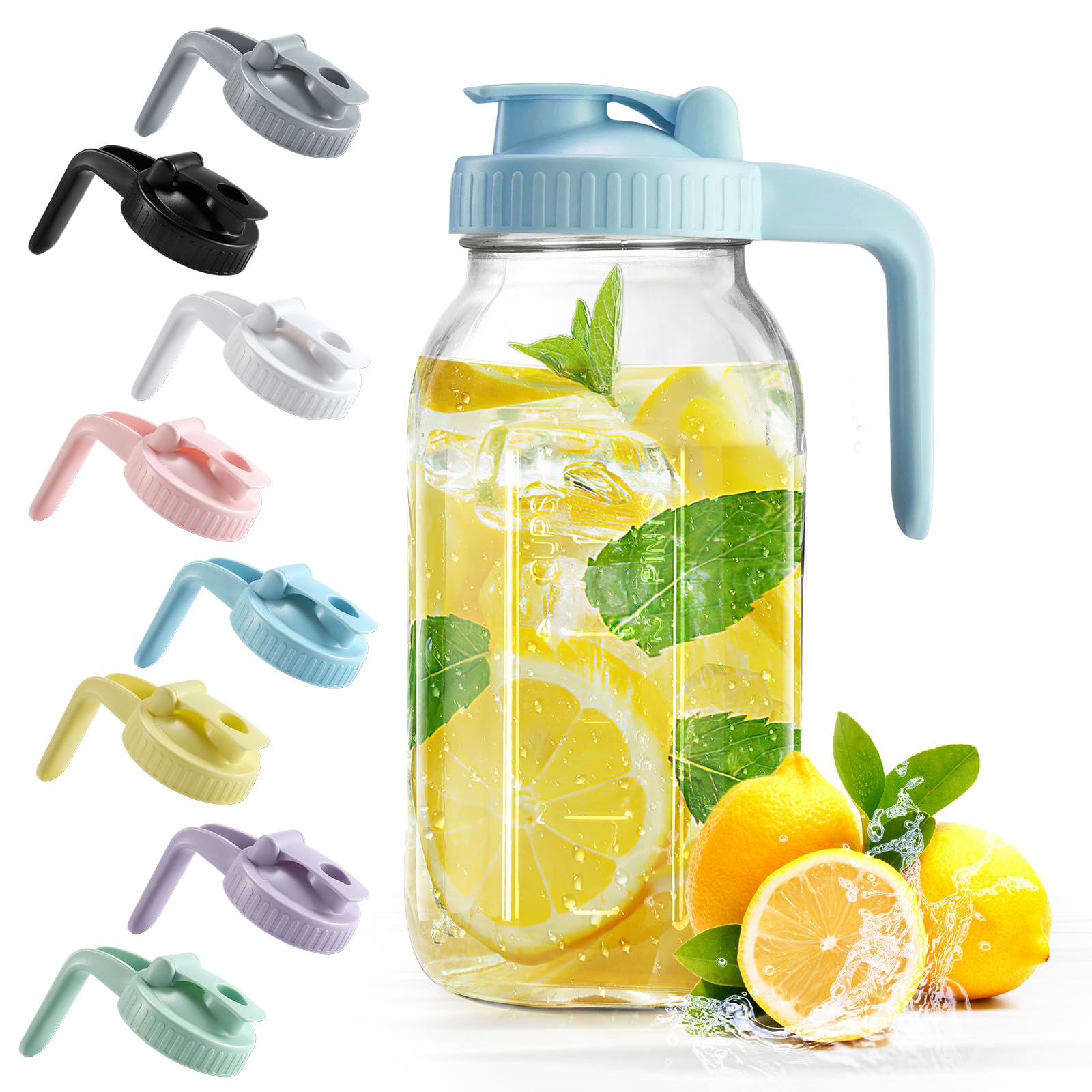 Mason Jar with Pour Spout Lid V-shaped, 2 Quart Iced Tea Pitcher Double Leak Proof, 64 oz Drink Pitcher for Breastmilk, Sun Tea, Juice, Coffee Creamer, Formula Pitcher