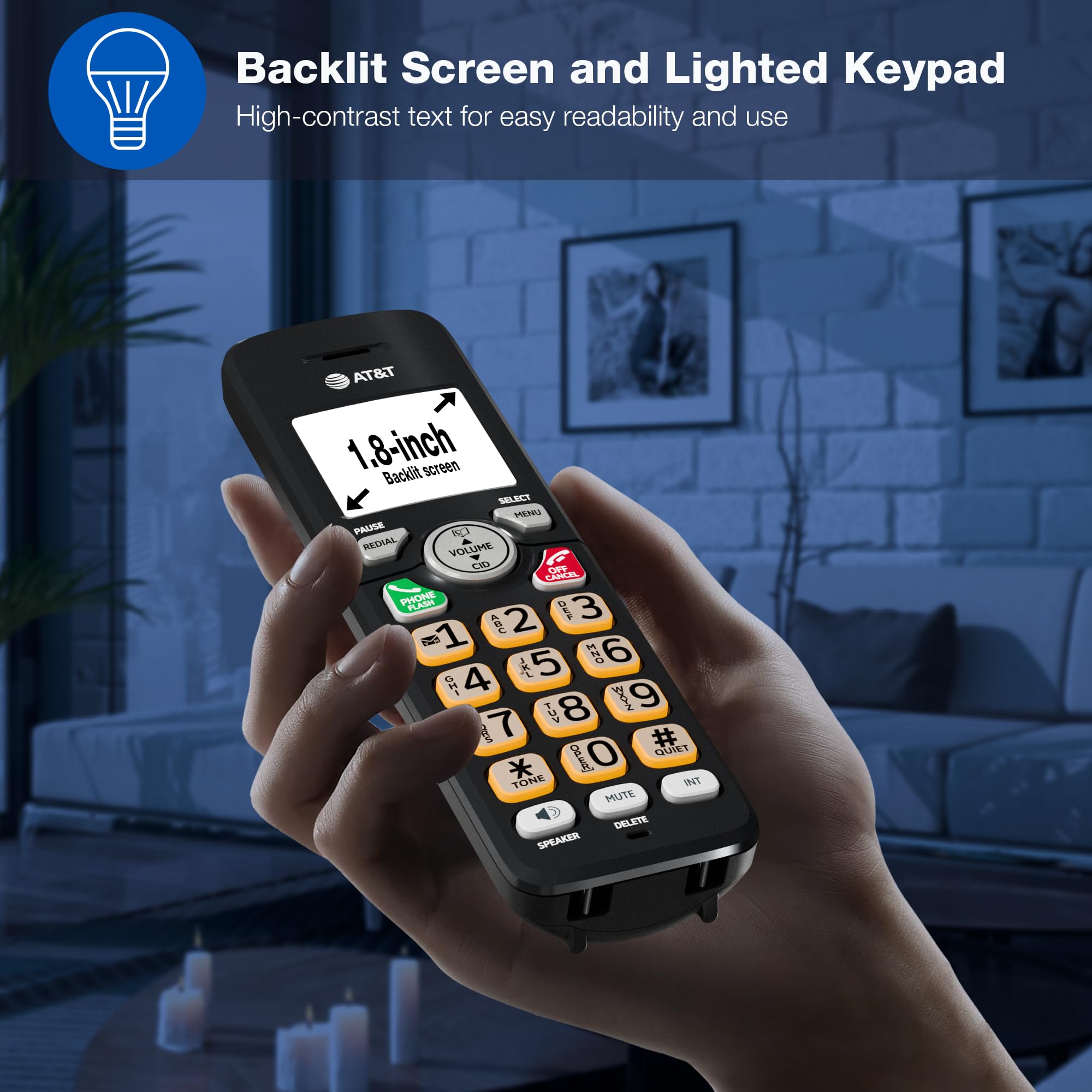 AT&T - Teléfono Fijo de 1 Auricular con identificador de Llamadas/Llamada en Espera, teléfono inalámbrico DECT 6.0 Full-Duplex Handset Altavoz, Teclado retroiluminado y visualización, Modo silencioso
