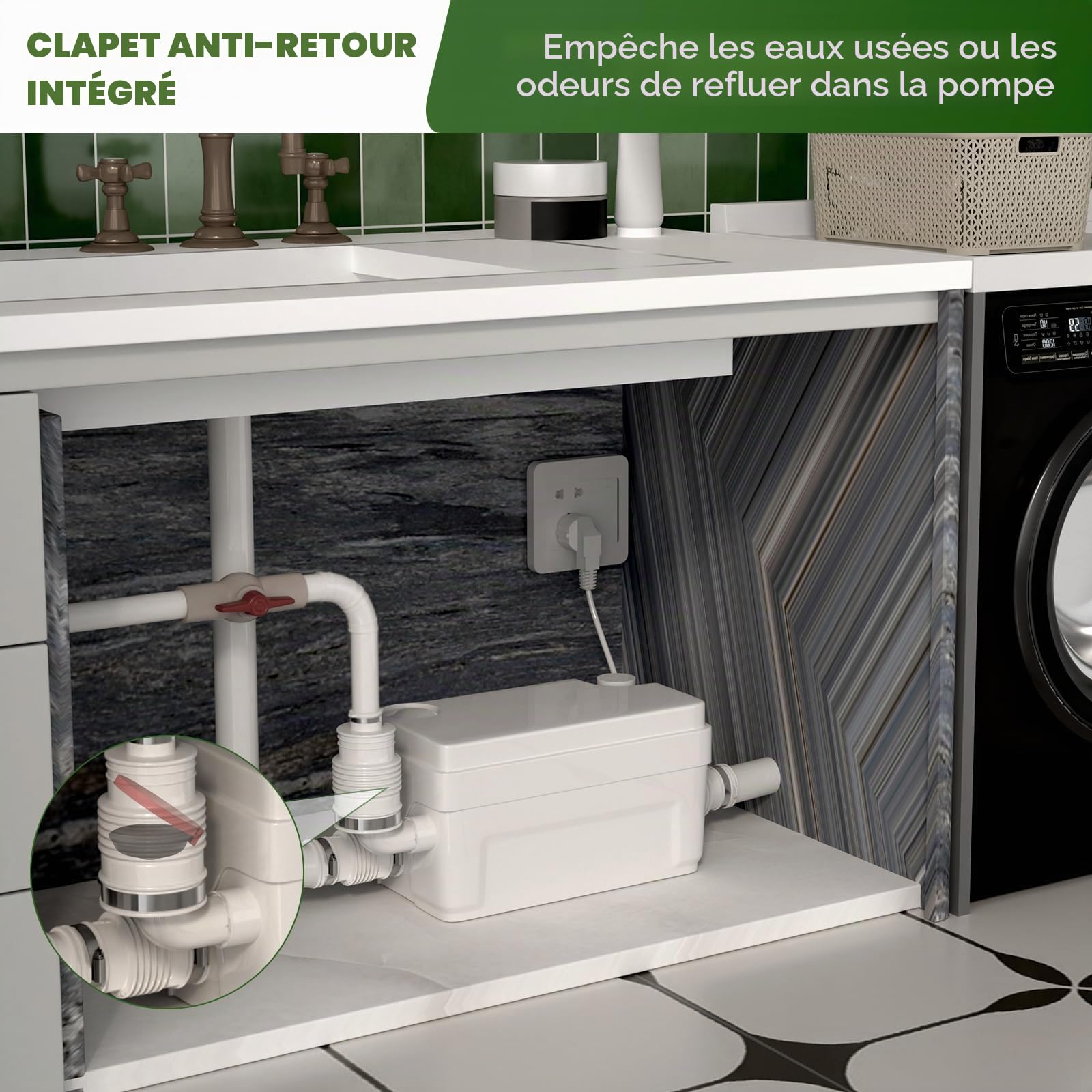Pompe de douche silencieuse 400 W, pompe d'égout macérateur sous évier, 6 m, levage de tête avec 3 entrées pour sous-sol, cuisine, lavabo, baignoire, linge, pompe de levage automatique des eaux usées