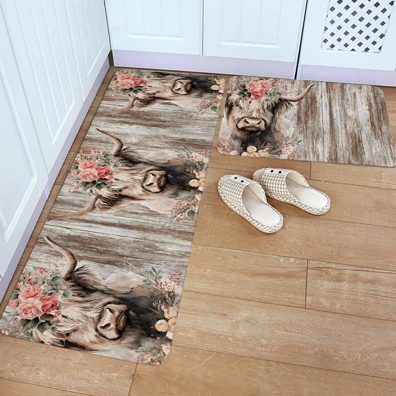 Spring Cow Floral Kitchen Rugs and Mats Set of 2, Non-Slip Kitchen Sink Mat, Vintage Brown Wooden Farmhouse Washable Doormat Bathroom Rugs Runner for Bedroom/Living Room 23.6"x35.4"+23.6"x70.9"