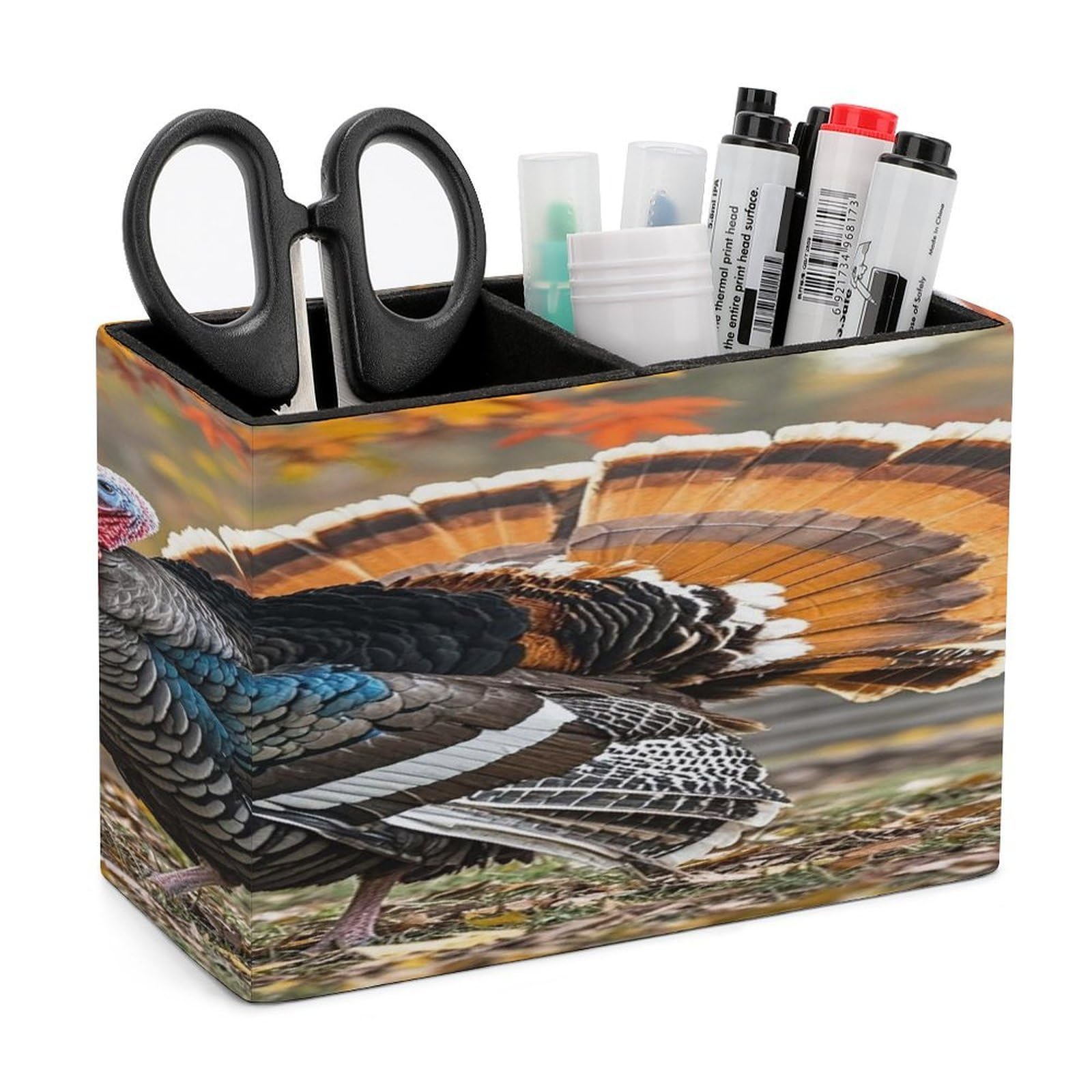 LZQPOEAS Turkey And Maple Leaves Leather Pen Holder with 2 Compartments Luxury Pencil Holder Minimalist Pencil Cup Brush Scissor Holders Elegant Pen Cup for Office Home Desk Accessories