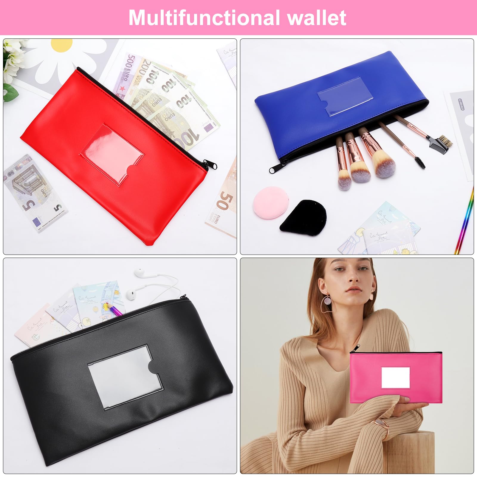 Bolsa para Guardar Dinero con Cremallera 28x16cm PU Cuero Impermeable para Billetes y Pasaportes