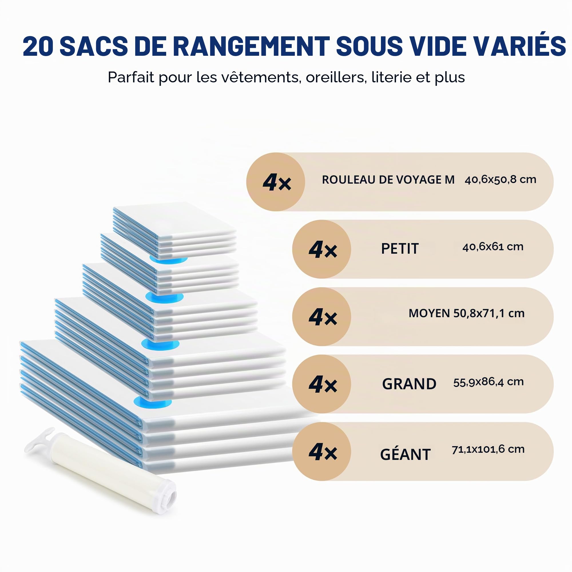 Lot de 20 sacs de rangement sous vide (4 jumbo/4 grand/4 moyens/4 petits/4 rouleaux M) sacs de rangement sous vide avec pompe à main pour couettes, couvertures, literie, oreillers et vêtements
