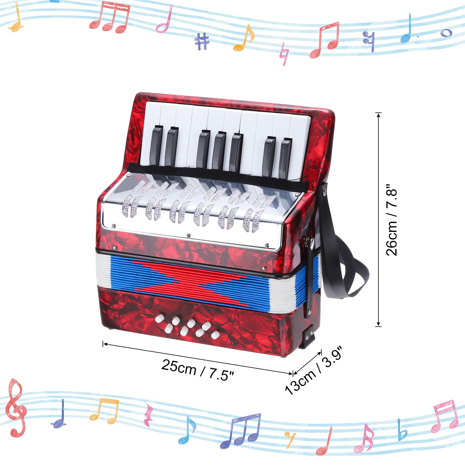 sourcing map Accordéon, 17 touches, 8 boutons de basse, mini instrument de musique léger pour enfants, débutants, éducatif, rouge