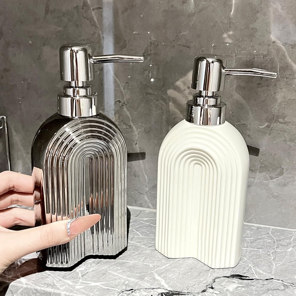 Dispenser di Sapone in Ceramica con Pompa, flacone Dispenser for lozione dal Design Semplice, Dispenser di Sapone Liquido Ricaricabile for Cucina, Bagno, Toilette(Silver)