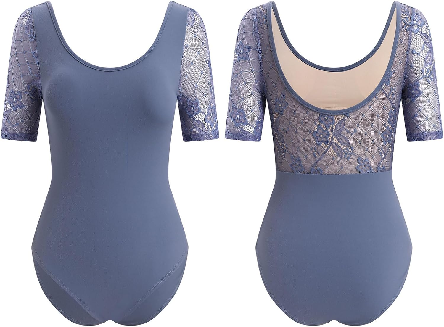 ODASDO Women Dance Leotard Lace Floral Half Sleeve Ballet Bodysuit Padded Bra Gymnastics Training Outfit One-piece