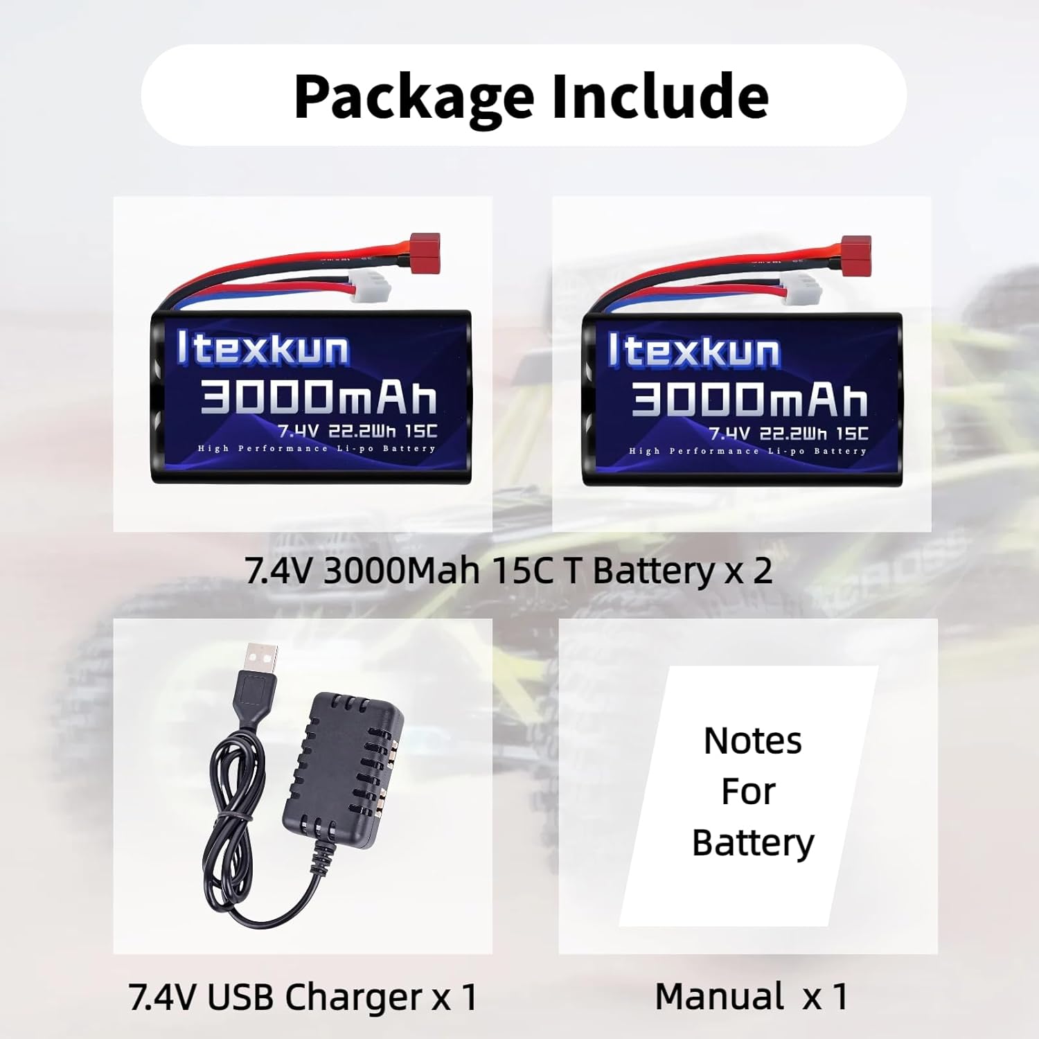 7.4V Li-ion Battery 3000mAh T Plug 15C 2S Rechargeable RC Battery Fit for WLtoys 12428 104009 DEERC 9005E 9201E 9206E 9003E 003E H16R RC Truck Car with 2s Battery Charger