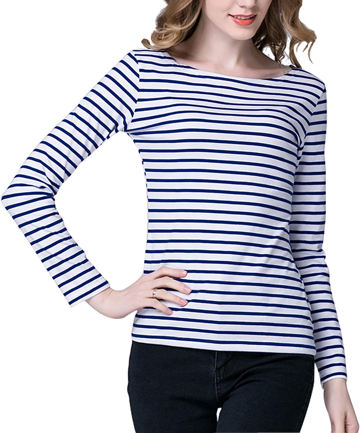 Tulucky Women's Casual Long Sleeve Shirts Stripe Tees Round Neck Tank Tops
