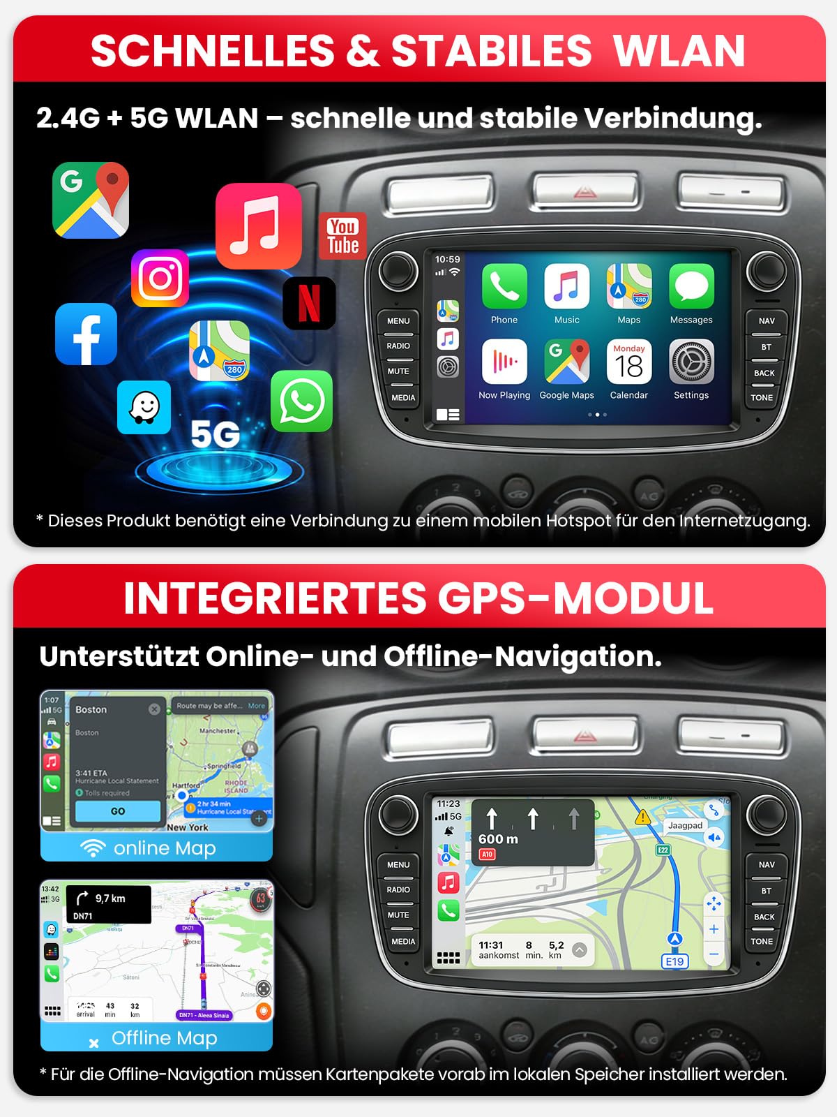 Doppel DIN Autoradio mit Bildschirm für Ford Mondeo Focus S-Max Galaxy, Wireless CarPlay & Android Auto, 7" Auto Radio Touch Display, 4GB+64GB, Bluetooth 5GHz WiFi DAB+ FM AUX GPS