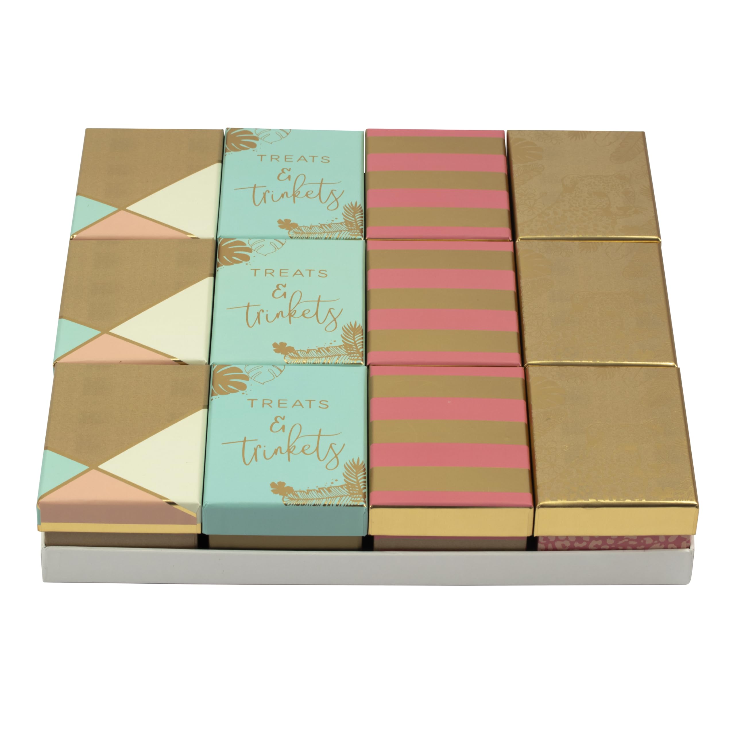 Eurowrap K-29055-BXC - Un Lot De 12 Mini Boites Assorties En Carton - Motif : Aspect Kraft, Pantère, Géométrique, Rose/Or/Bleu Pastel - Idéal Pour : Boite à Bijoux, Boite Cadeau