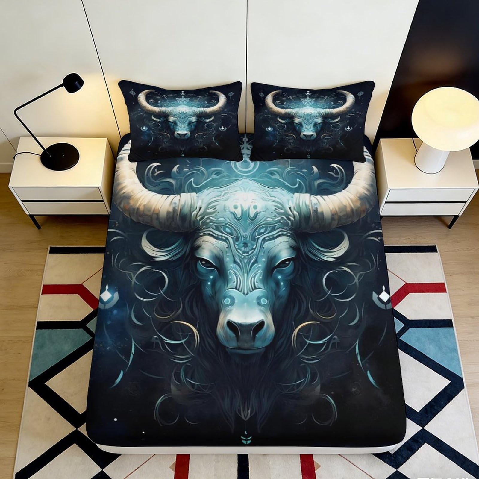 3D Printed Mystic Bull Fitted Sheet Microfiber Dark Blue Artistic Taurus Bed Cover for Bedroom Dorm Mattress Protection Decor 90x200x25cm