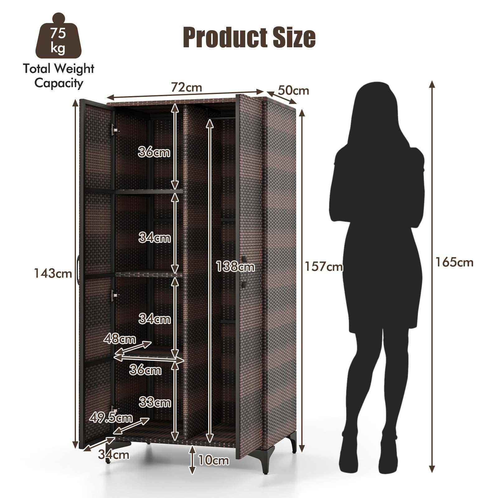 KOMFOTTEU Gartenschrank aus Rattan, Aufbewahrungsschrank mit 5 Einlegeböden & Hängeregal, Terrassenschrank Geräteschrank mit Doppeltüren, Rattanschrank 72 x 50 x 157 cm (Mix Braun)