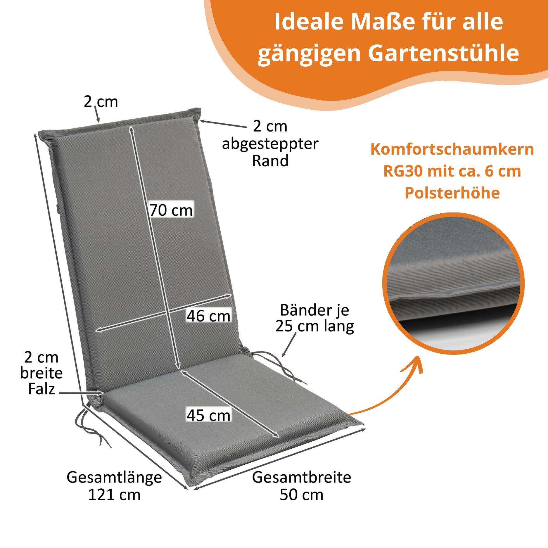 sleepling Hochlehner Auflagen 4er Set, Bequeme Gartenstuhlauflagen, Sitzauflagen Gartenmöbel 120x50 cm, 6 cm dick, waschbar, Befestigungsbänder, anthrazit grau