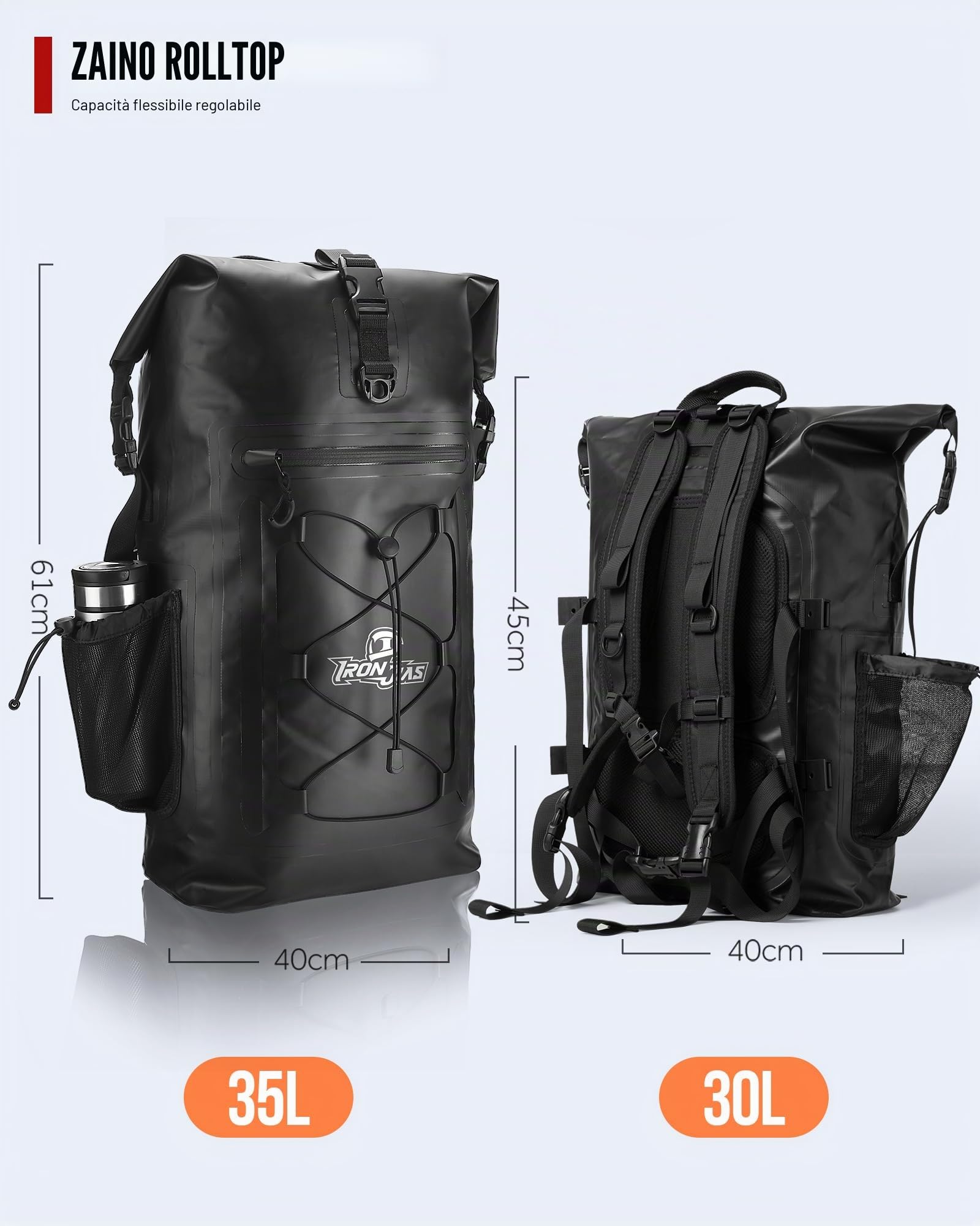 Grapelet Zaino moto impermeabile 40L utilizzabile per biciclette con spallacci removibili con tasche laterali PVC500D nero pioggia neve e protezione fango