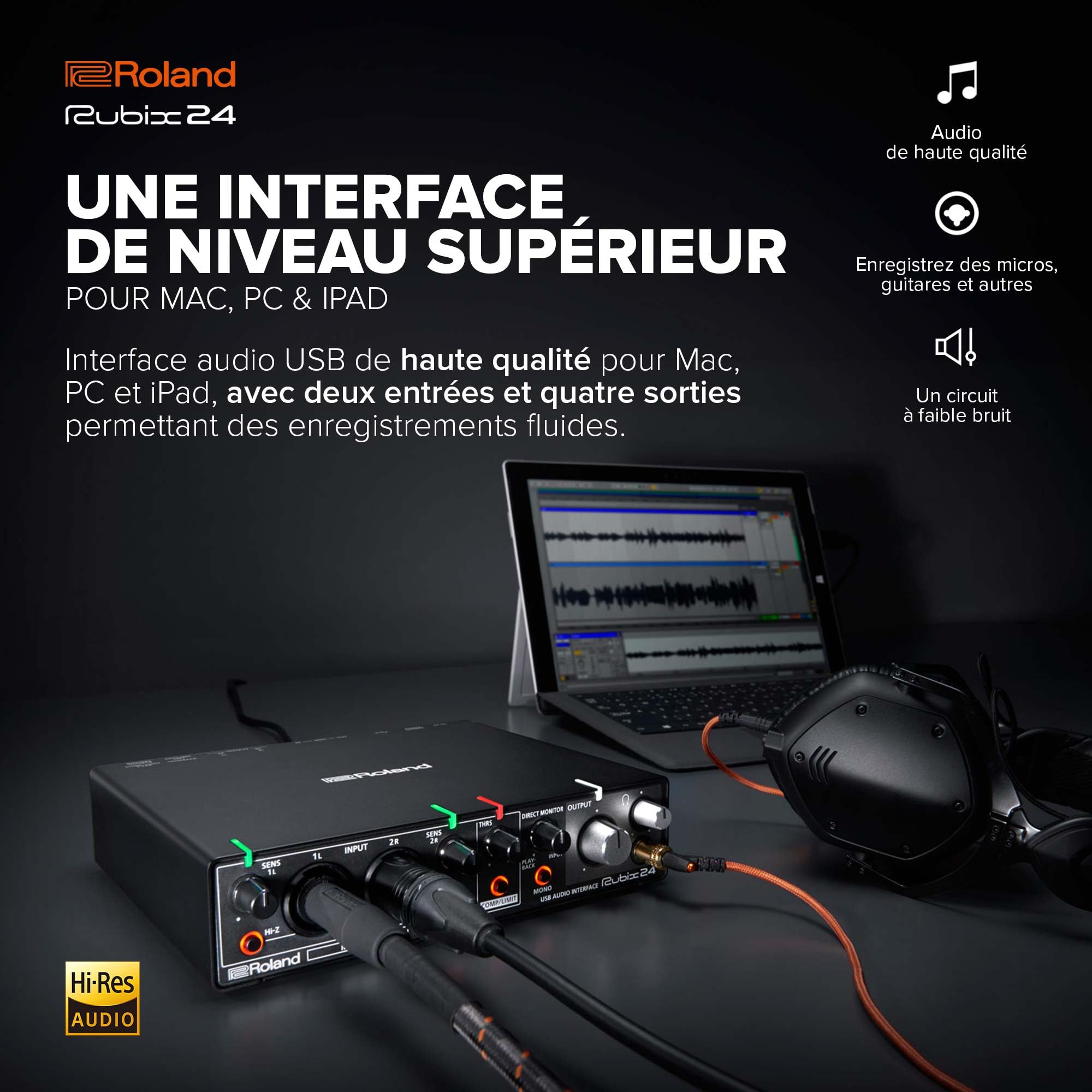 Interface audio USB Roland Rubix24 2 In-4 Out | Son haute résolution | Enregistrement de micros, guitares, claviers et autres | Compacte & robuste | Compatible Mac, PC & iPad