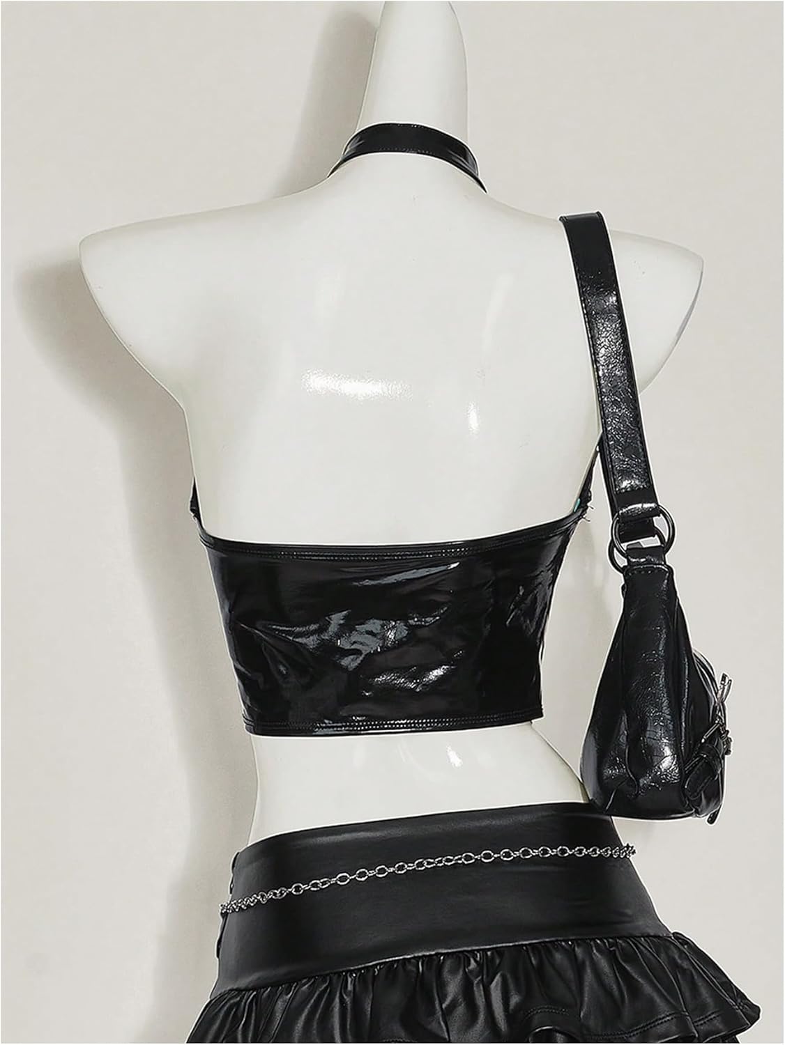 Floerns Women's Y2K Punk Cut Out Lace Up Halter Top Backless Grommet Buckle PU Leather Crop Tops - Image 2