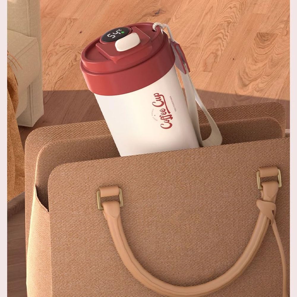 Kubek podróżny 450 ml kubek termiczny ze stali nierdzewnej szczelna pokrywka czerwony, biały, czerwony i biały, czarny ceramiczny wkład, z linką do noszenia, z klamrą blokującą do zimnych