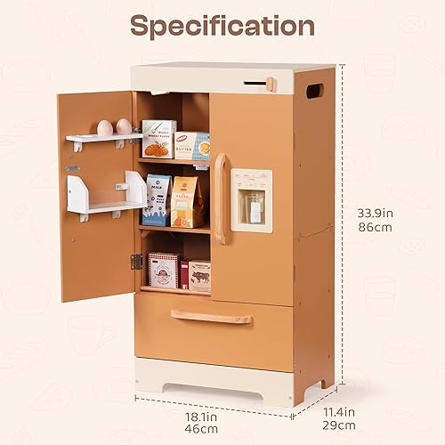 Miniatura 7 de ROBOTIME Refrigerador de madera para niños, refrigerador de cocina para niños pequeños, refrigerador de juguete con máquina de hielo y accesorios