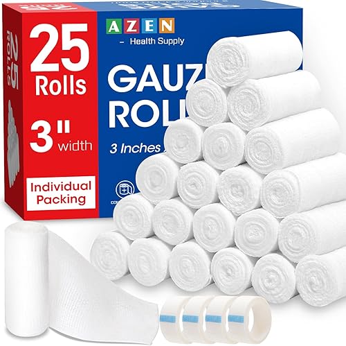 AZEN Paquete de 25 rollos de gasa, 3 pulgadas x 4.1 yardas, suministros médicos de primera calidad y suministros de primeros auxilios, vendaje para