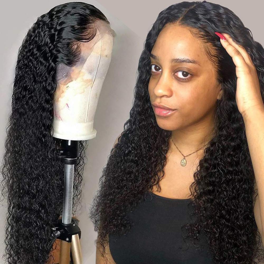 Curly Wave T Part Human Hair Wigs for Black Women Pre Plucked Brazilian Virgin 13X4X1 Lace Front Wig with Baby Hair Natural Black Color 150% Density 18 Inch