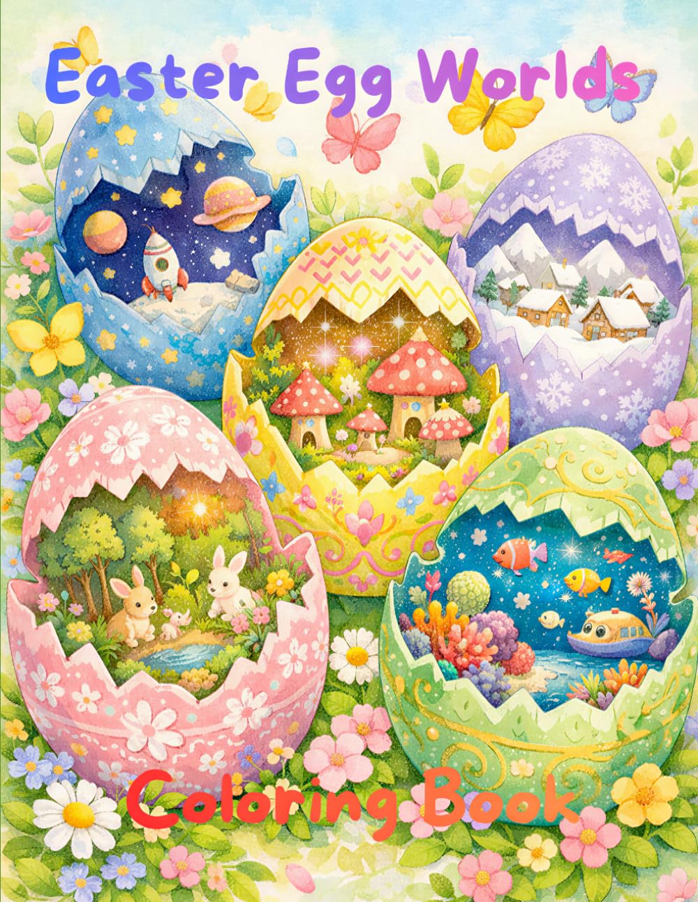 Easter Egg Worlds Coloring Book: 30 Magical Worlds to Color for Kids and Adults — Cute Bunnies on Every Page!