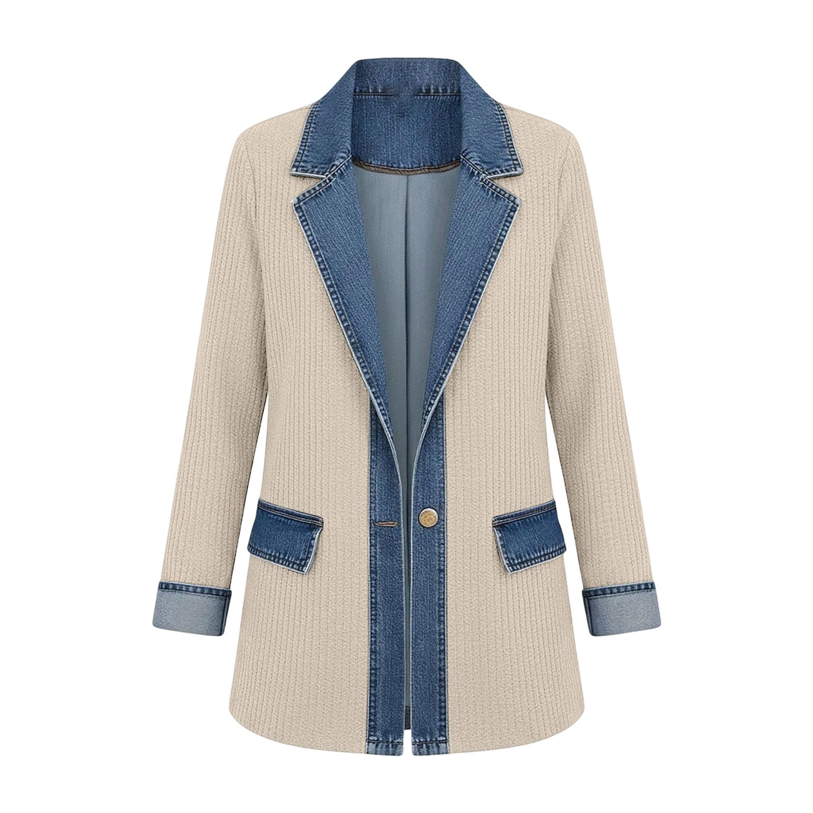 Strickjacke Damen Blazer mit Jeans Kontrastbesatz Rippstrick Lockerer Gestrickter Blazer Ein-Knopf Verschluss Langarm Jacke Mantel mit Taschen Casual Business Übergangsjacke Herbst Winter