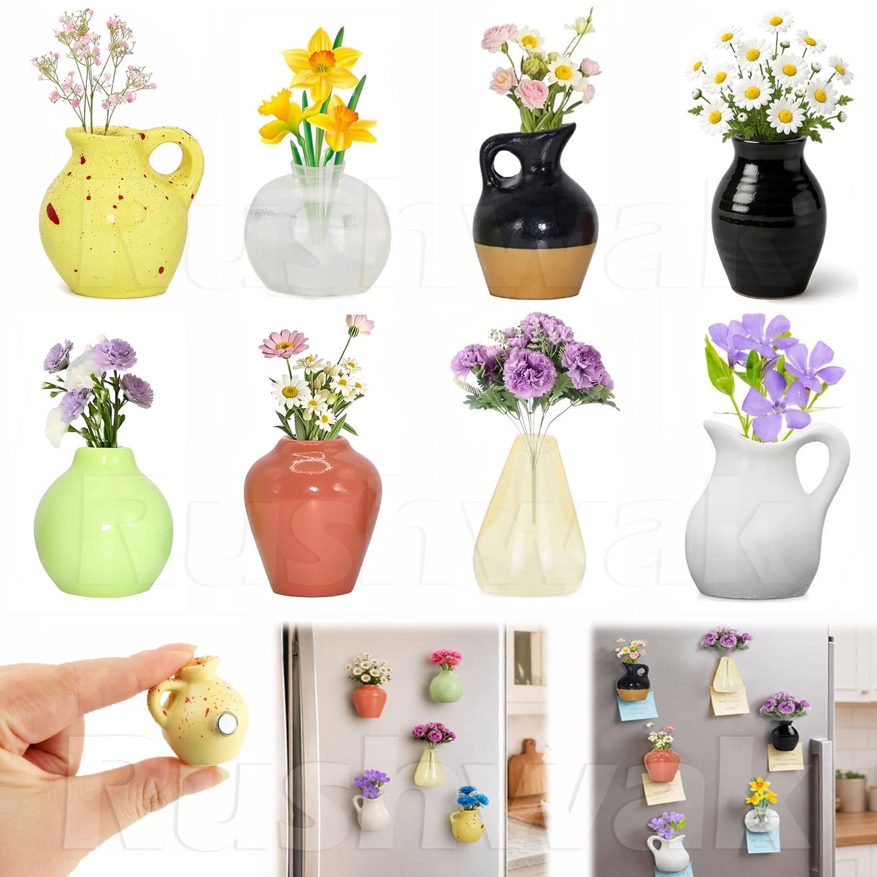 Rushwak Ceramic Mini Vase Fridge Magnets (Set of 8 Pcs | Flowers Not Included) 3D Cute Tiny Fridge Magnet Flower Pot Holder for Fresh & Artificial Plants Home Decorative Mini Flower Vase Fridge Magnet-image-12