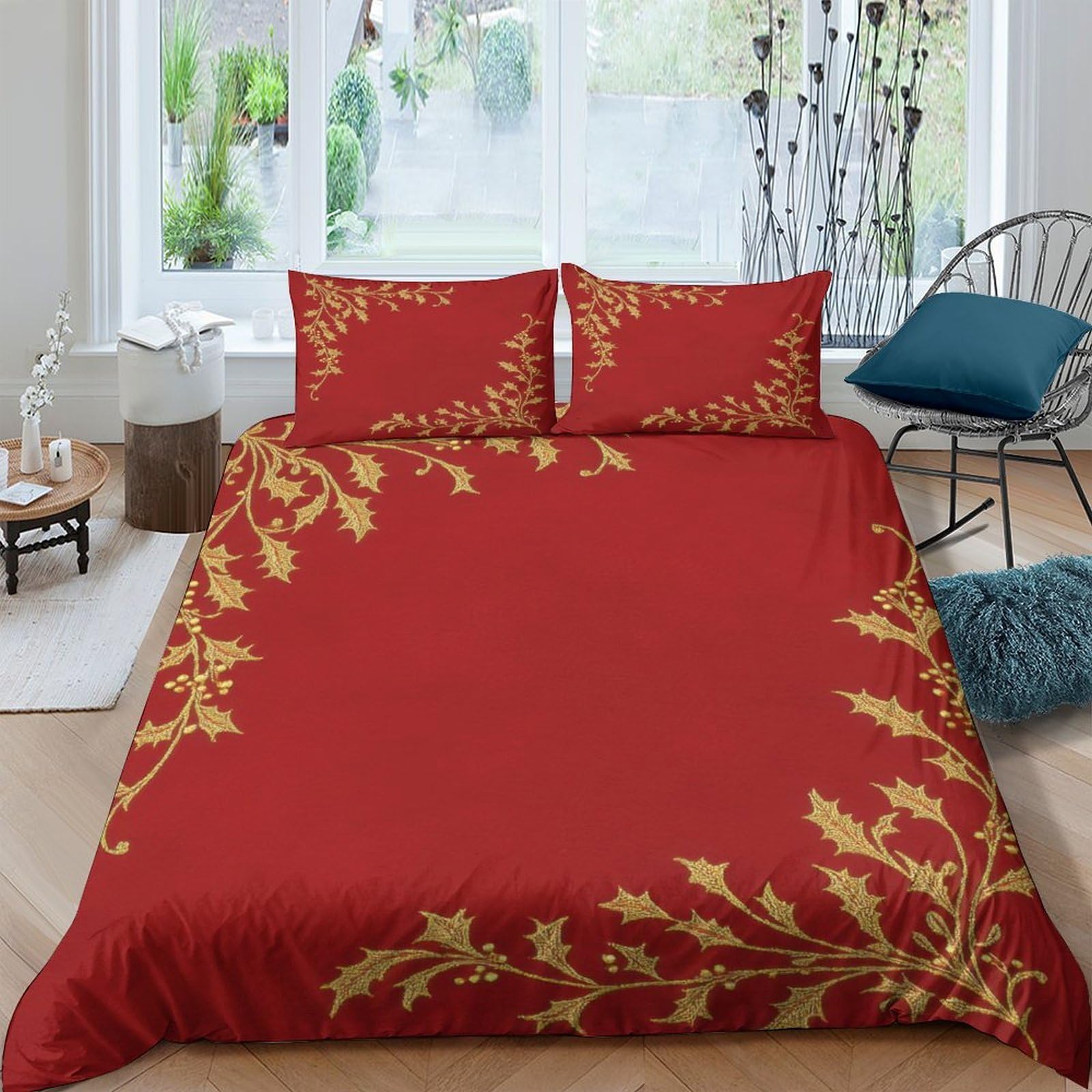 Ctjqhvkz Style-4 3D Printed Red Leaf Fitted Sheet Microfiber Soft Breathable Gold Branch Bed Cover For Bedroom Guest Room Decor Single（135X200cm）