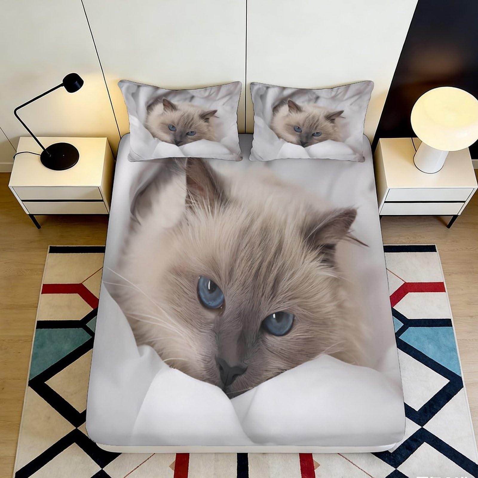 3D Printed Cat Face Fitted Sheet Microfiber Soft Breathable Blue-Eyed Cat Bed Cover for Bedroom Dormitory Guest Room Mattress Protection Decor 160x200x25cm