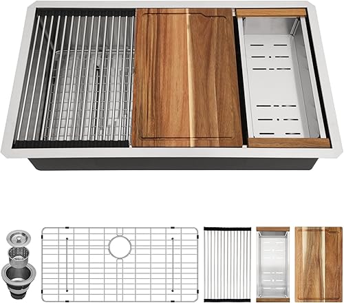 Miniatura 9 de Couoko Fregadero de cocina empotrado de 33 pulgadas, cuenco individual de acero inoxidable calibre 18 debajo de la encimera, fregadero hecho a mano,