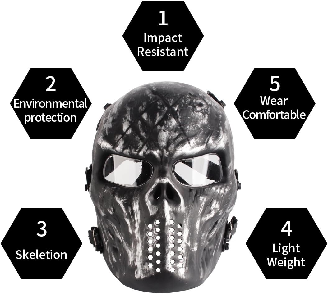 Paintball Mask, Skull Skeleton Full Face Airsoft Mask with Clear Lens Army Fans Supplies M06 Tactical Mask for Halloween Paintball BB Gun CS Game Cosplay and Masquerade Party (Black) : Sports & Outdoors