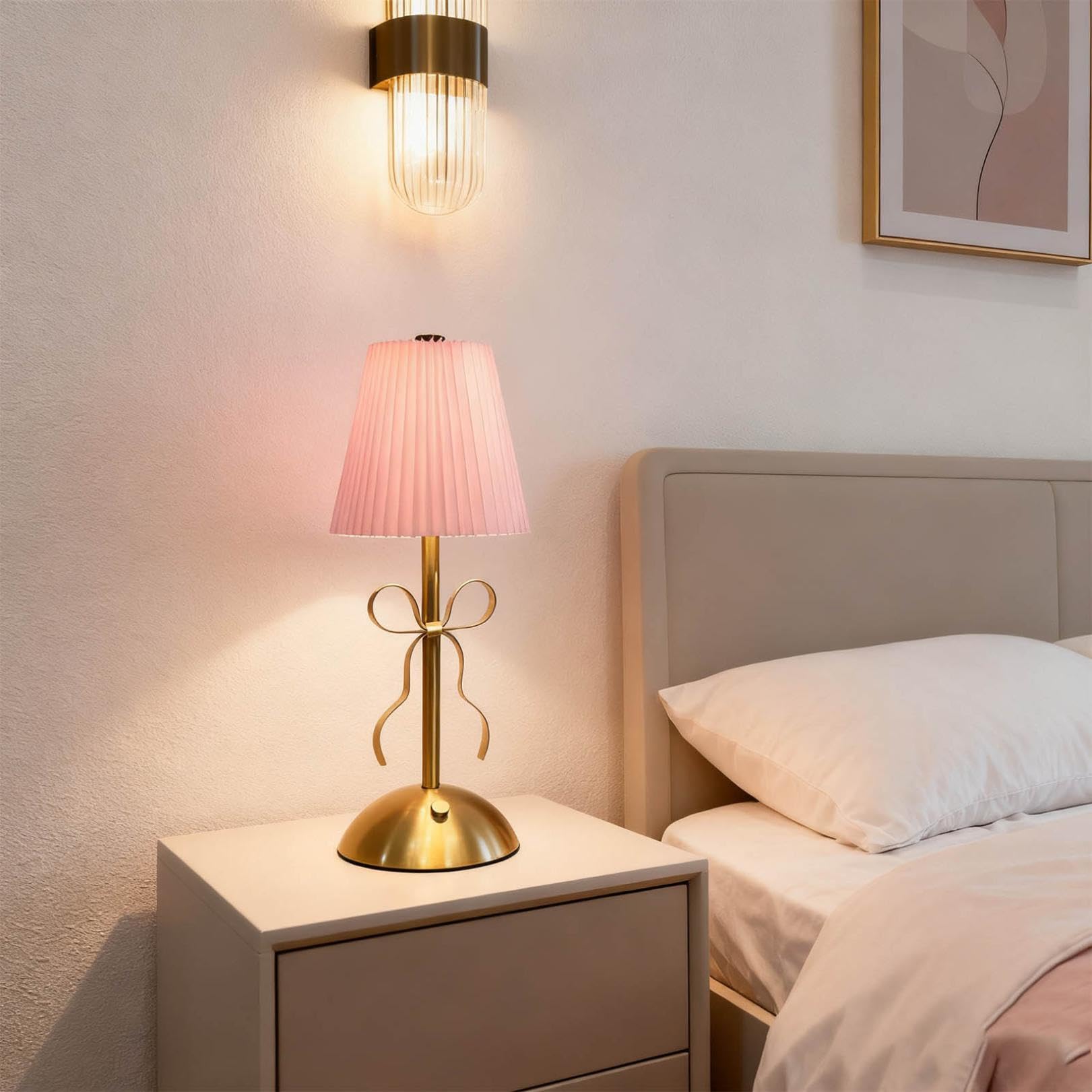 Rechargeable Table Lamp, Cordless Bow Lamp with Touch Control, 3-Color Dimmable LED Desk Light, Bedside Light with Fabric Shade, Wireless Battery Operated for Home Bedroom Living Room Decor (Pink)