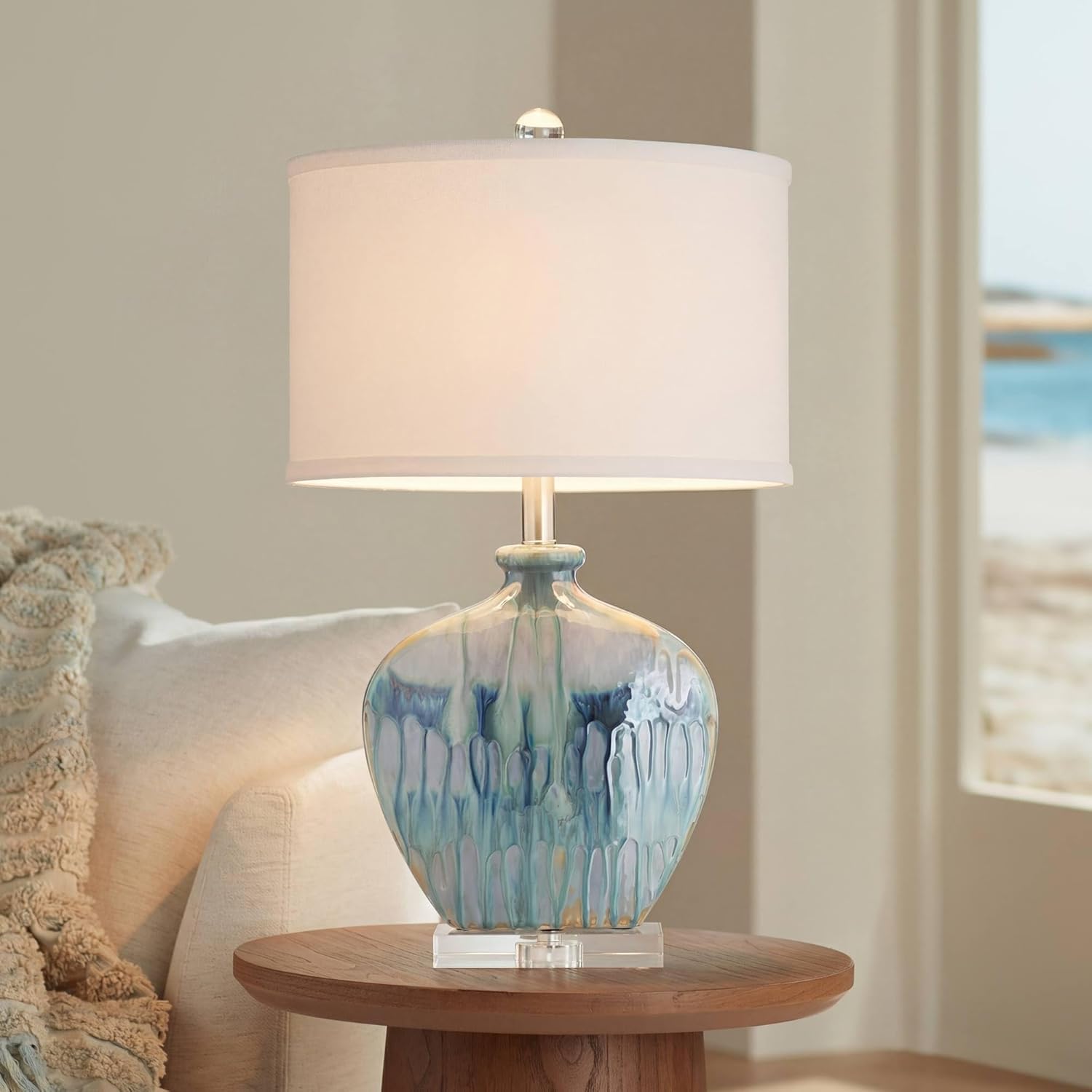 Possini Euro Design Mia Coastal Modern Style Table Lamps 25" High Set of 2 Ceramic Blue Drip Off White Shade Decor for Living Room Bedroom Beach House Bedside Nightstand (Colors May Vary)