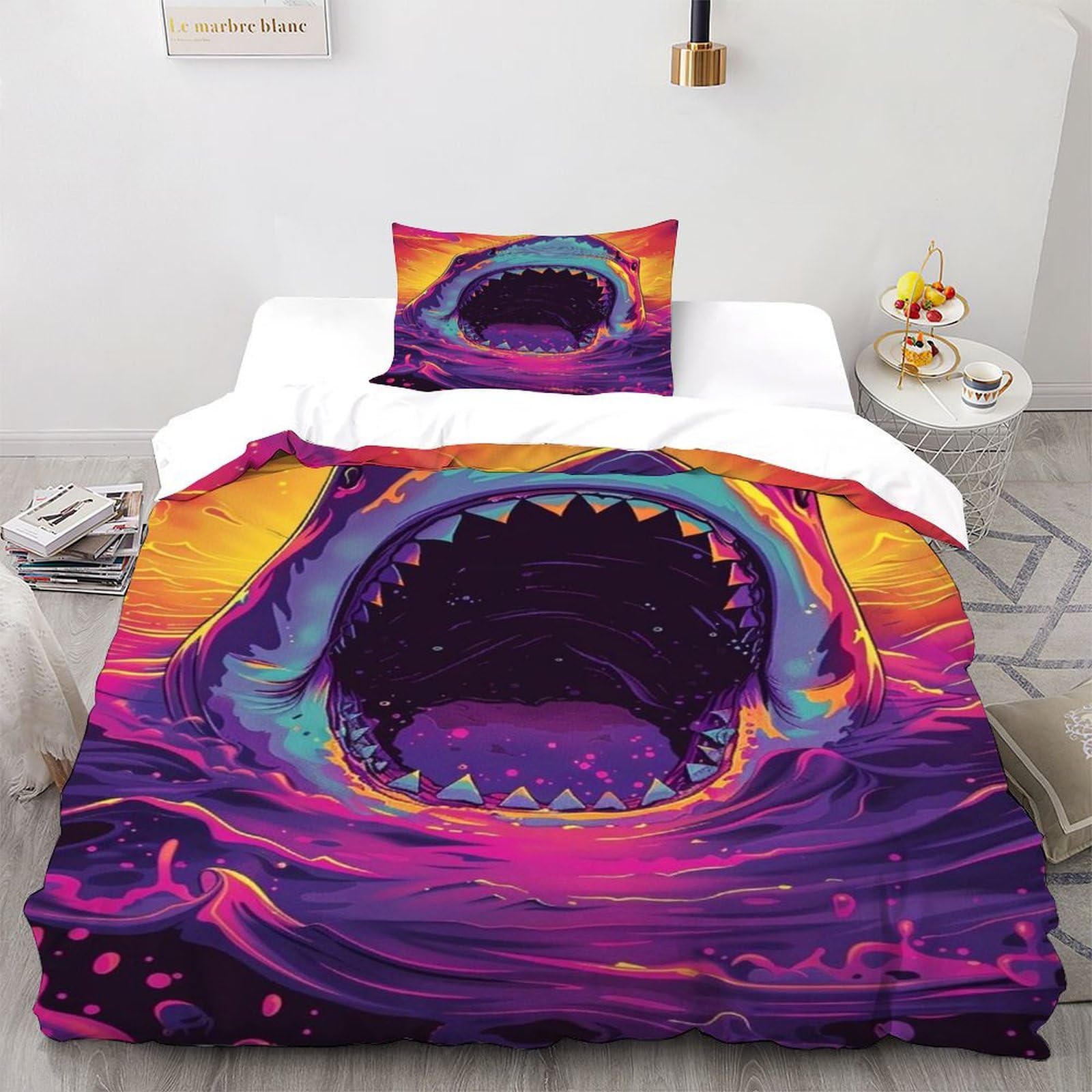 Housse de couette enfants grand requin blanc parure de lit géométrique pour lit simple 135x200