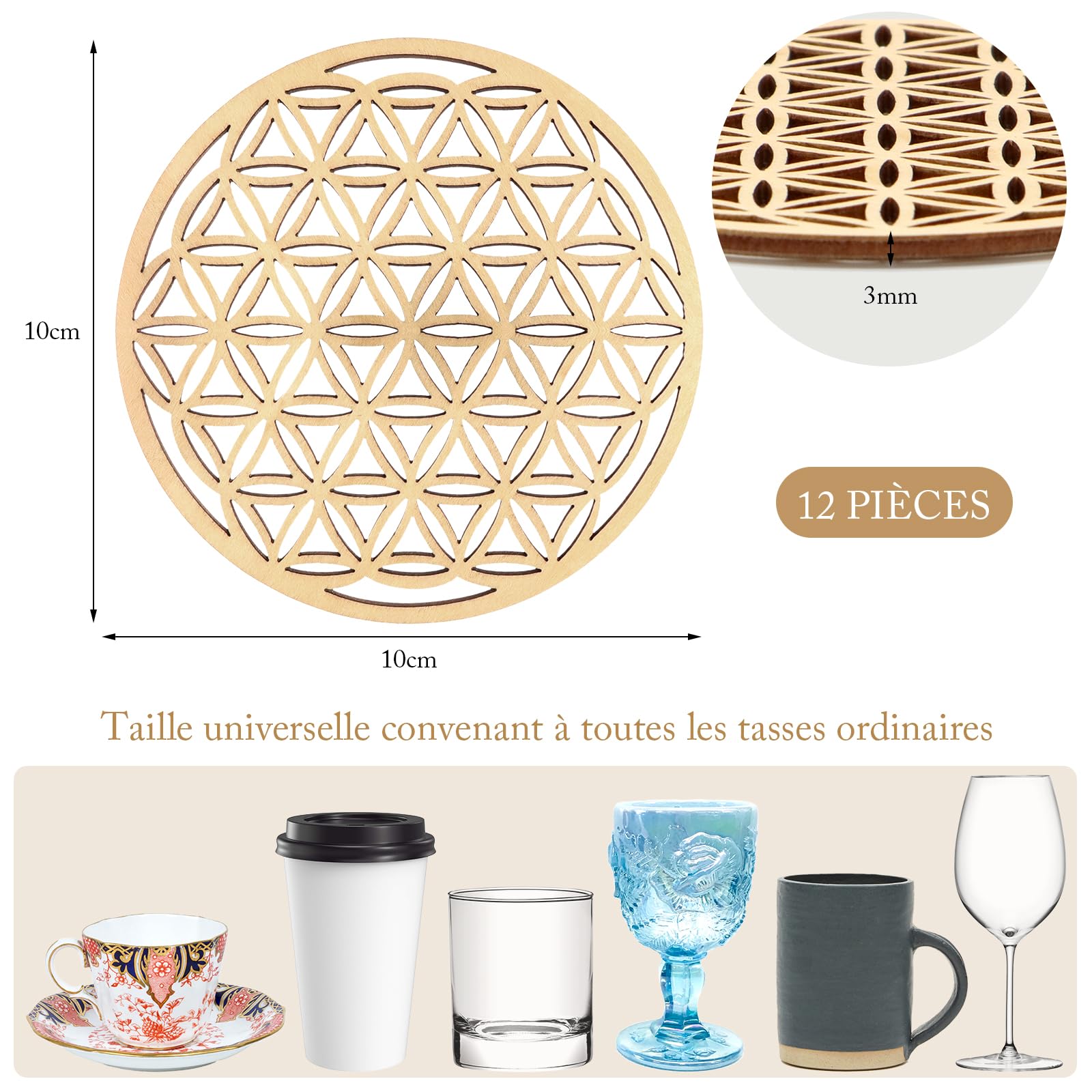 Annlpoy Posavasos De Madera De Abedul Con Diseño Flor De La Vida: Set De 12 Piezas, Ideales Para Meditación, Yoga O Decoración Del Hogar (10 Cm X 3 Mm)
