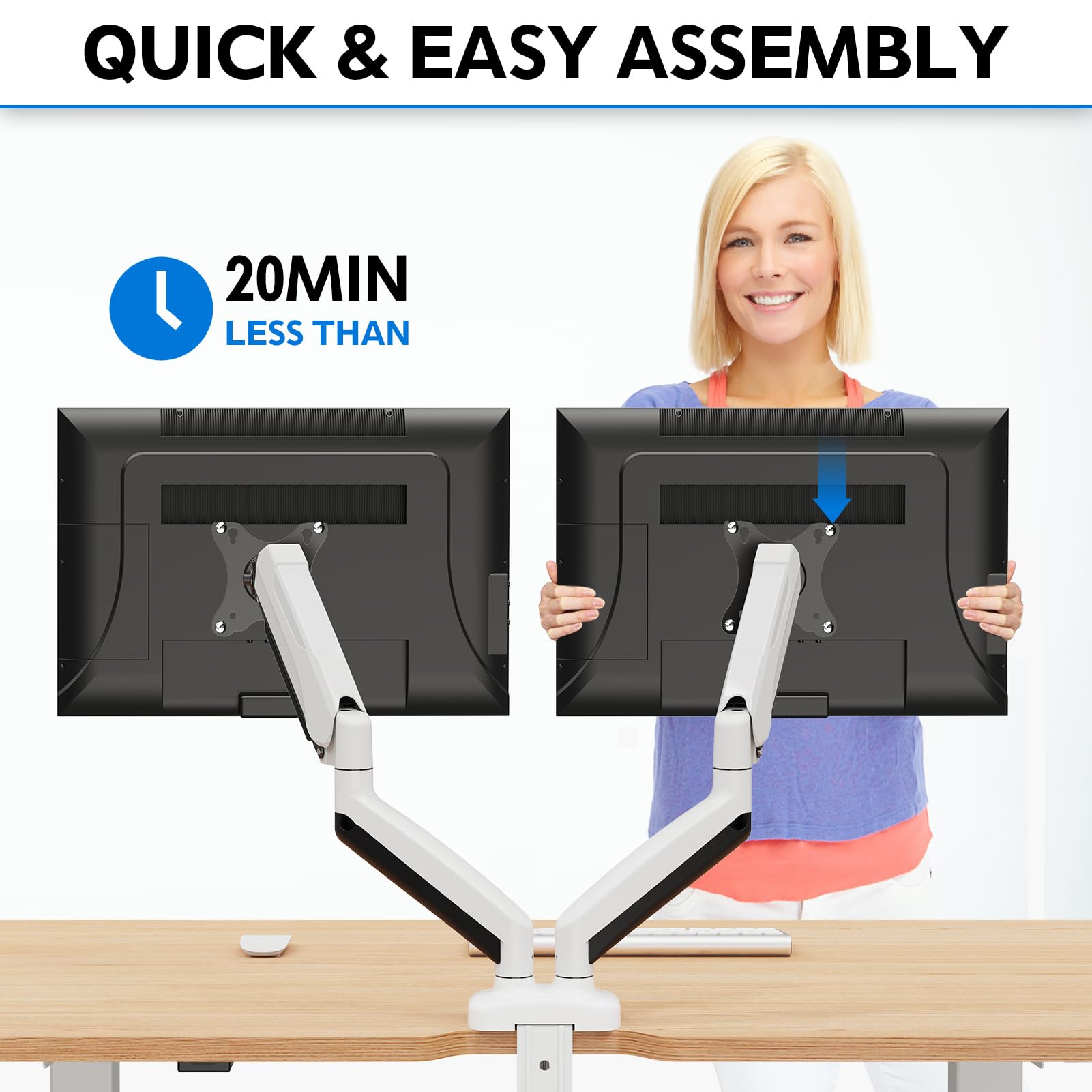 MOUNTUP White Dual Monitor Stand for Desk, Adjustable Gas Spring Double Monitor Mount Holds 4.4-17.6 lbs and 13-32 Inch Screens, Monitor Arms for 2 Monitors VESA 75x75 100x100 with C-clamp & Grommet