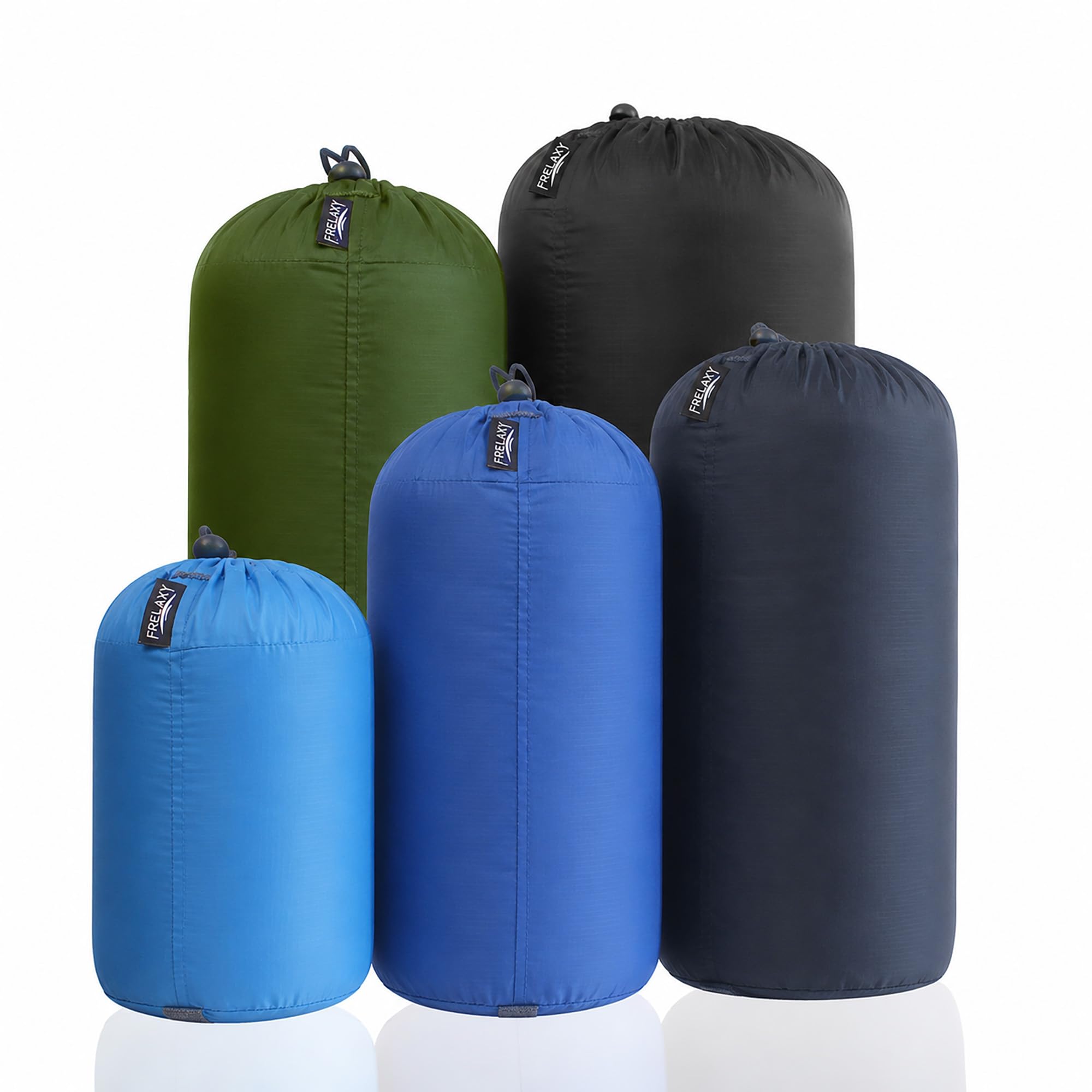 Frelaxy Zestaw worków na rzeczy 5 sztuk (3 l, 5 l, 9 l, 15 l i 20 l), ultralekkie torby z klapą na kurz, do podróży, wędrówek, wędrówek z plecakiem (błękitny, granatowy, wojskowy zielony i czarny)