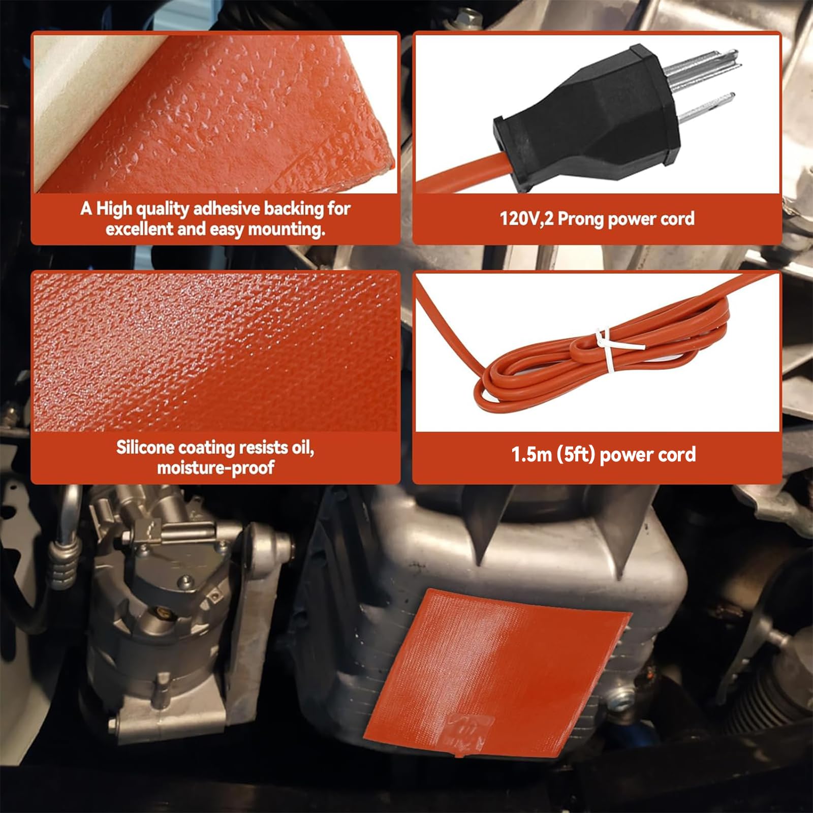 2 almohadillas de calefacción de silicona para motor de coche, 120 V, 300 W, 6 x 8 pulgadas, calentador universal de motor de coche, almohadilla de calentador eléctrico, bloque de motor