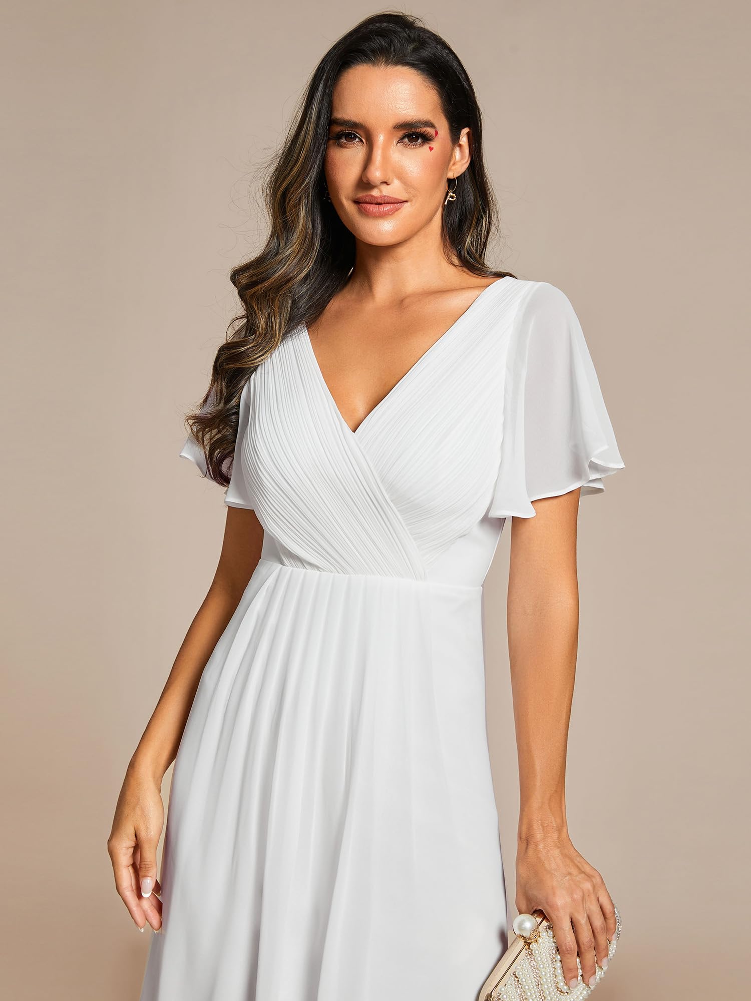 Ever-Pretty Robe de Soirée High Low Col V Robe D'Invité Manches Courtes A Line Blanc42
