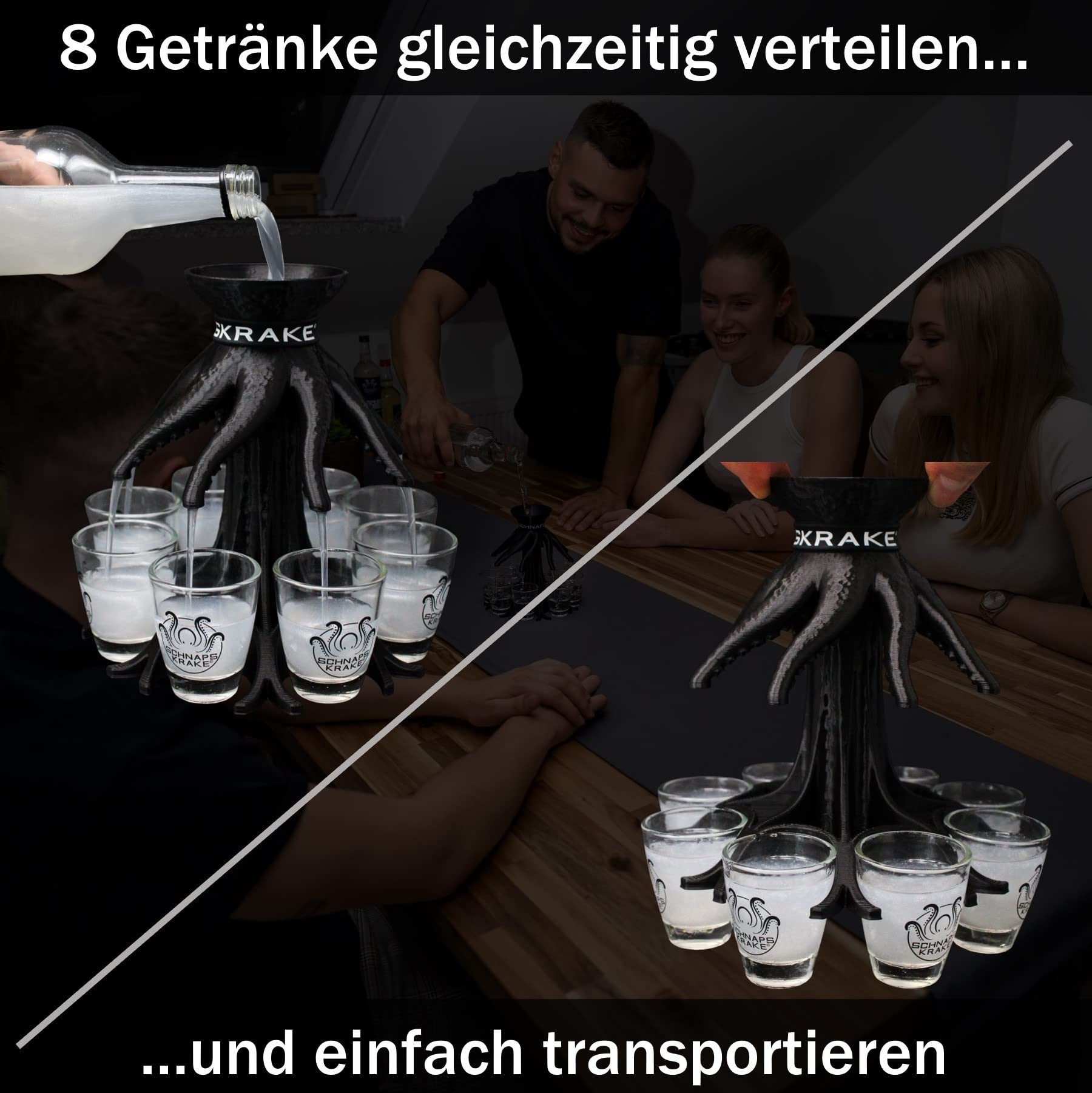 Das Original - Getränkeverteiler für 8 Personen - 40 Geburtstag Geschenk - Bar Butler - Ausgiesser - Einschenker (schwarz, inkl. Gläser)