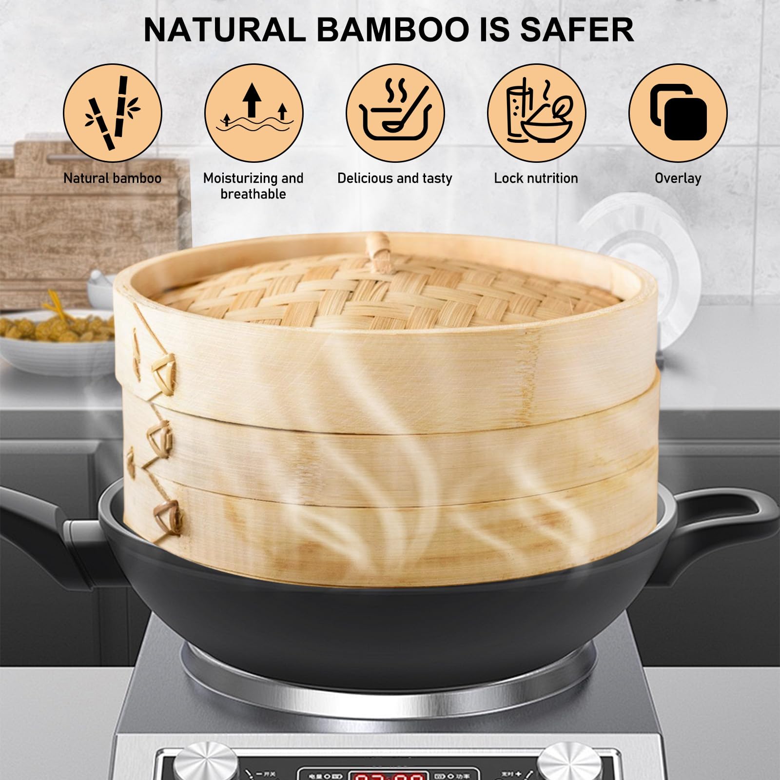 Cuocere a vapore in bambù, 21 cm, a 2 ripiani, in bambù intrecciato, versatile cestino a vapore asiatico, con 4 panni in cotone per riso, verdure, Dim Sum, Dumpling