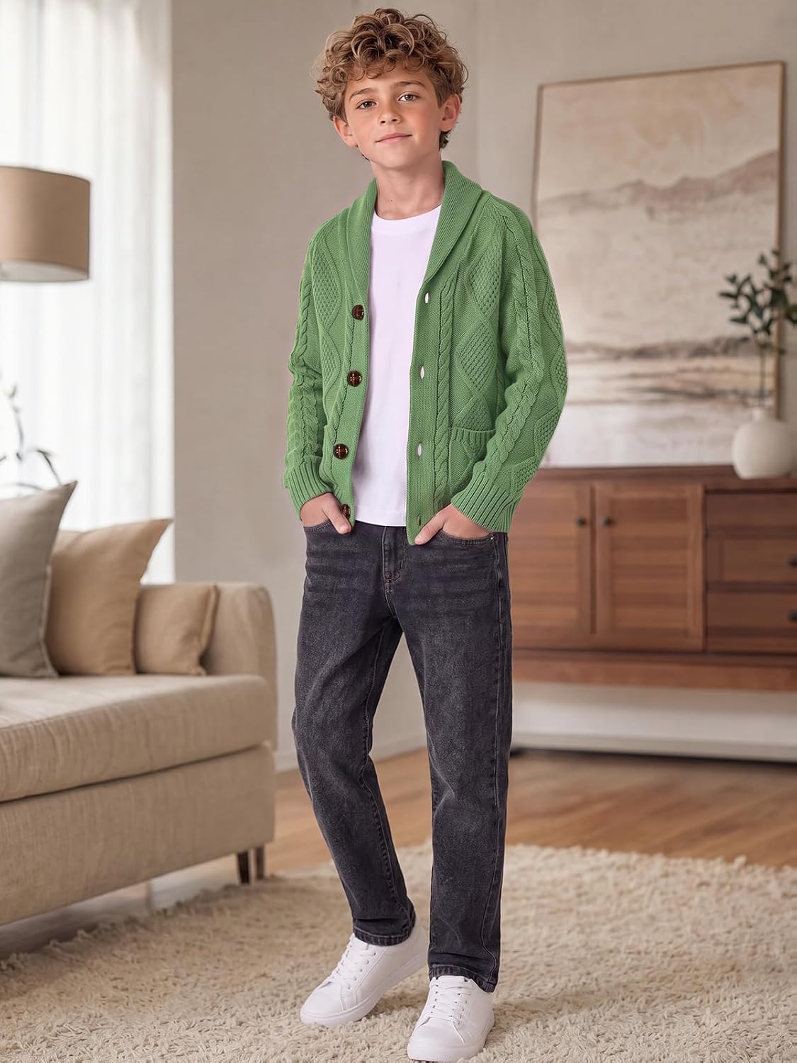 Boy's Button Down Shawl Collar Cable Knitted Sweater Cardigan 5-14Y