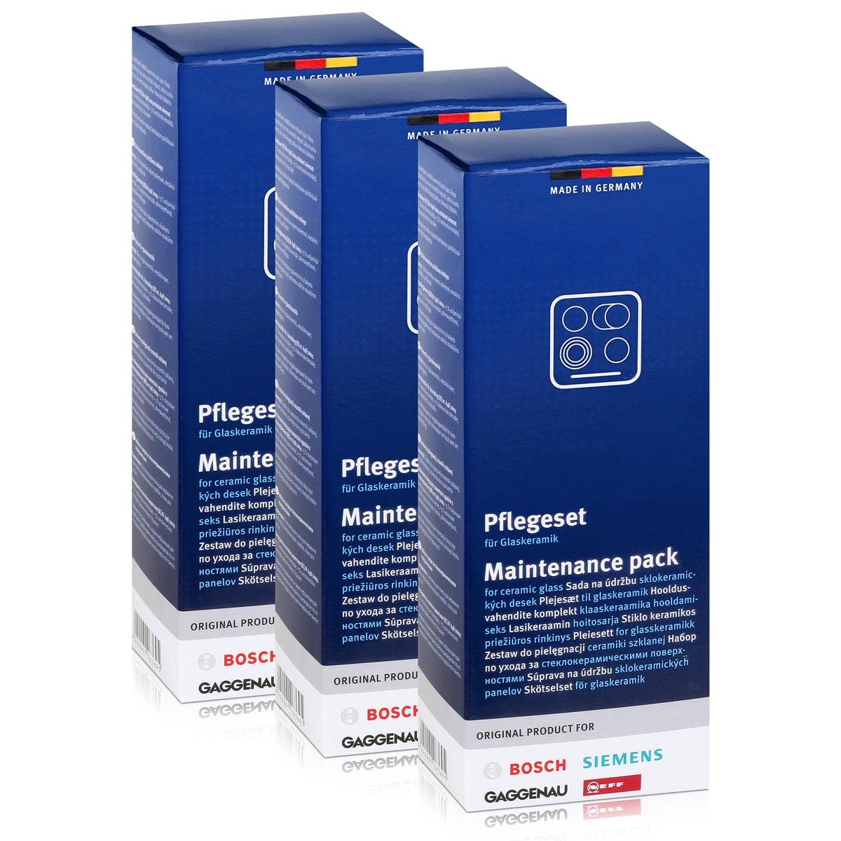 3x Bosch/Siemens Pflegeset für Glaskeramik Kochfelder, Reiniger, Tuch und Metallschaber