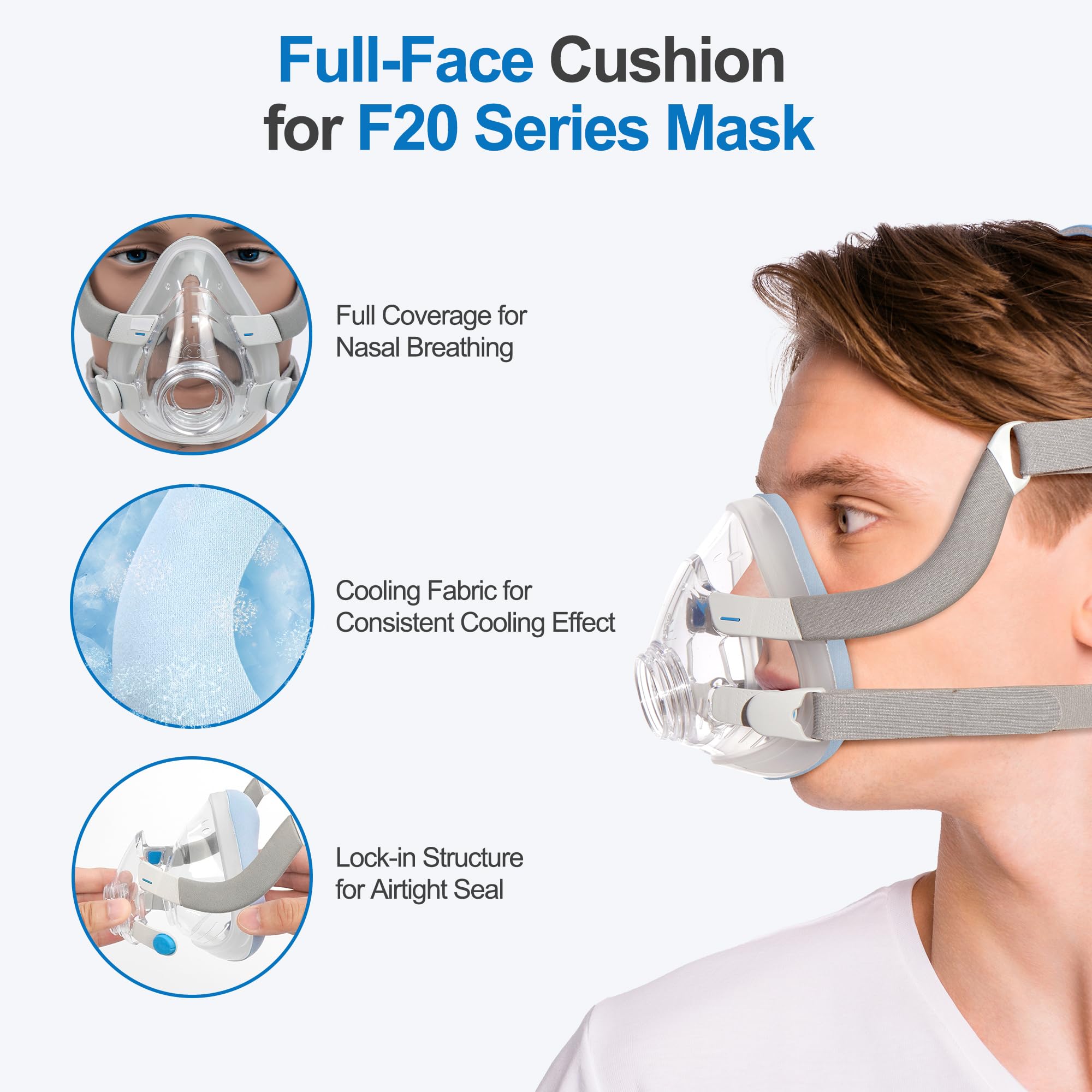 2 masques CPAP compatibles avec AirFit F20 Masque en tissu pour F20 Confortable à porter Coussin Masque à oxygène étanche Blue-L