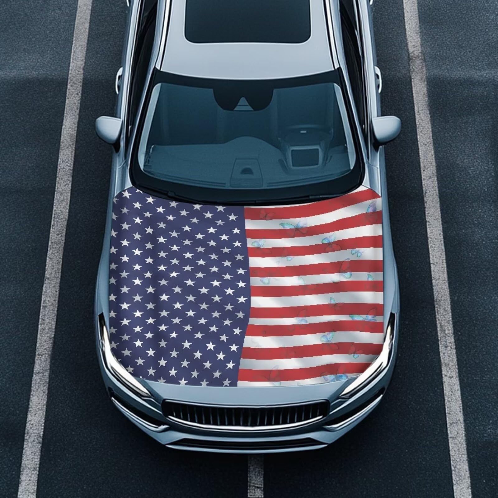 American Flag Butterfly Universal Car Hood Cover Waterproof All Weather, Car Hood Cover Protector for Automobiles Outdoor Indoor for All Season Waterproof Dustproof