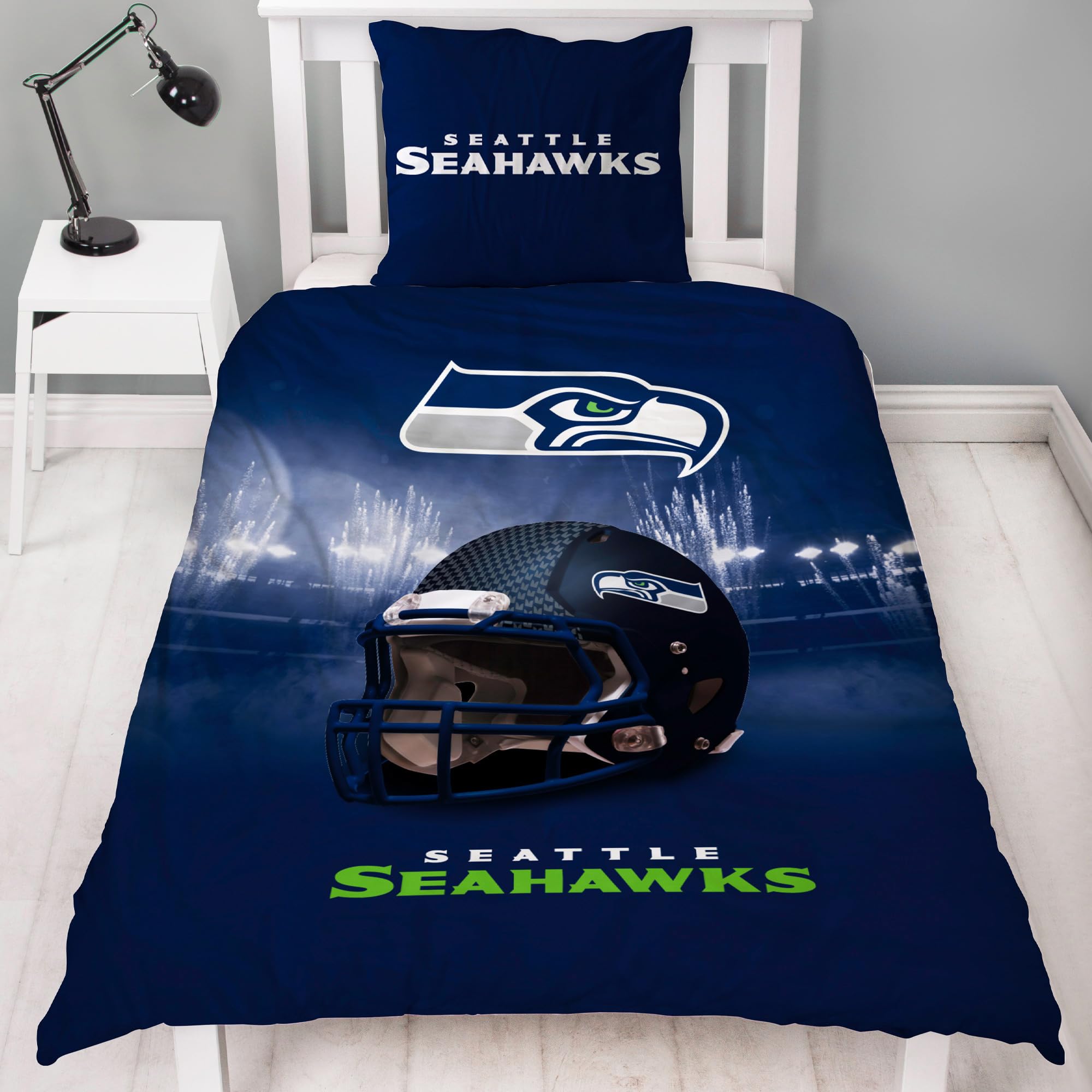 NFL Bettwäsche Seattle Seahawks 135 x 200 cm + 80 x 80 cm 100% Baumwolle Renforcé-Linon-Qualität Reißverschluss American Football Fan Super Bowl BOOM Lumen Field Blitz Wende-Bezug deutsche Größe